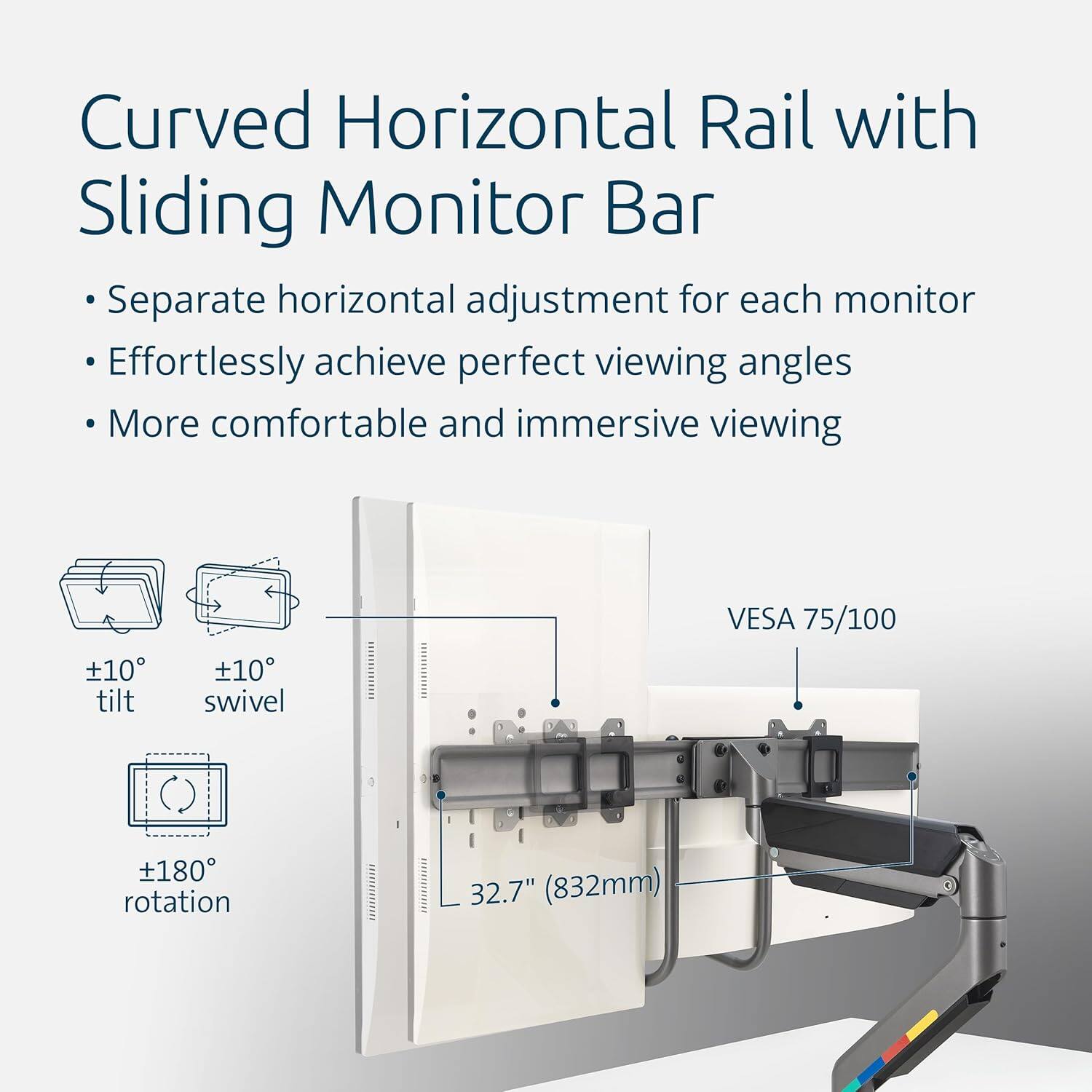 Curved Horizontal Rail with Sliding Monitor Bar

- Separate horizontal adjustment for each monitor
- Effortlessly achieve perfect viewing angles
- More comfortable and immersive viewing

±10° tilt  
±10° swivel  
±180° rotation

VESA 75/100  
32.7" (832mm)