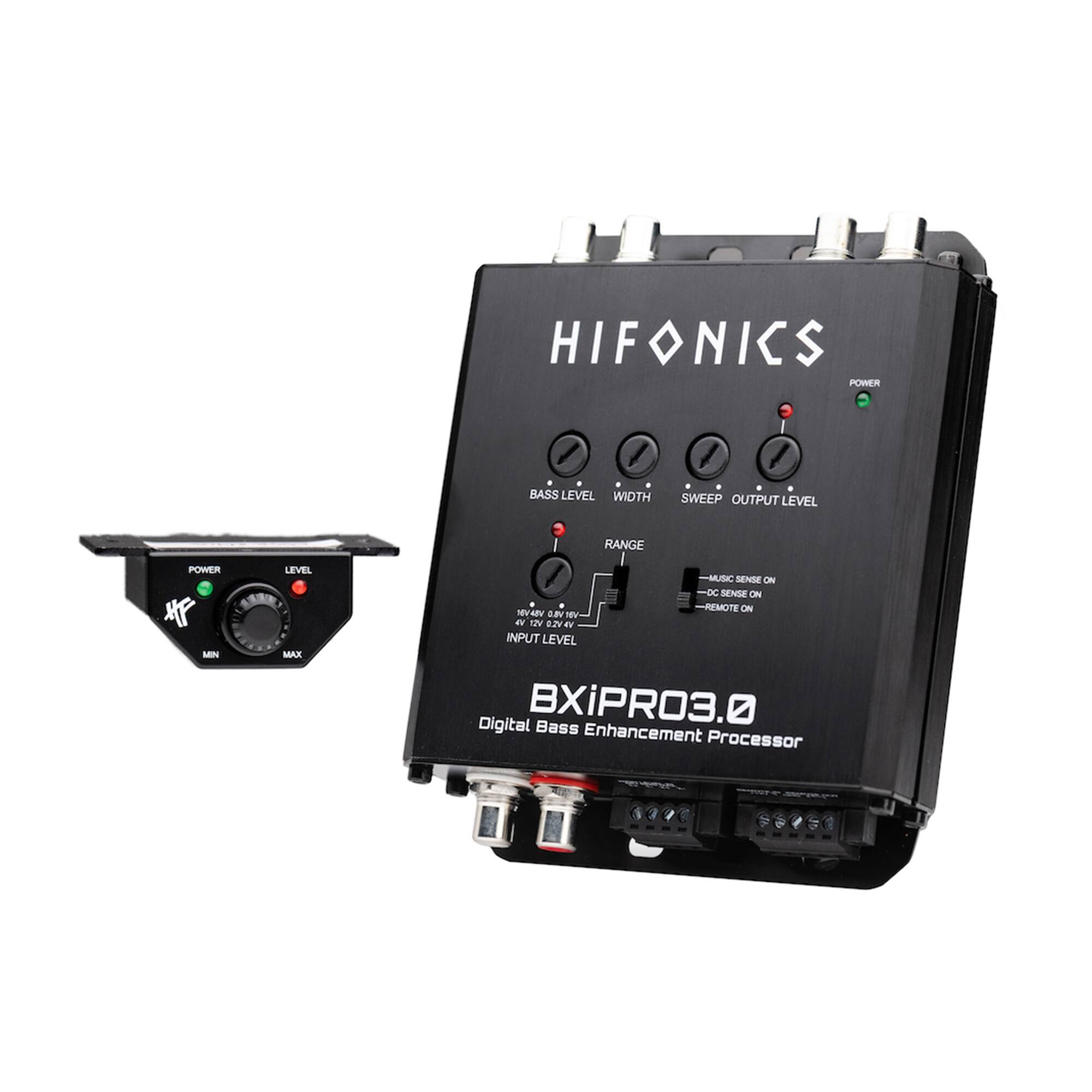 HIFONICS  
BXiPRO3.0  
Digital Bass Enhancement Processor  

BASS LEVEL  
WIDTH  
SWEEP  
OUTPUT LEVEL  
RANGE  

POWER  
MUSIC SENSE ON  
DC SENSE ON  
REMOTE ON  

INPUT LEVEL: 0.2V - 4V  

16V/12V  
4V/12V  

POWER  
LEVEL  
MIN  
MAX  

MyV LT