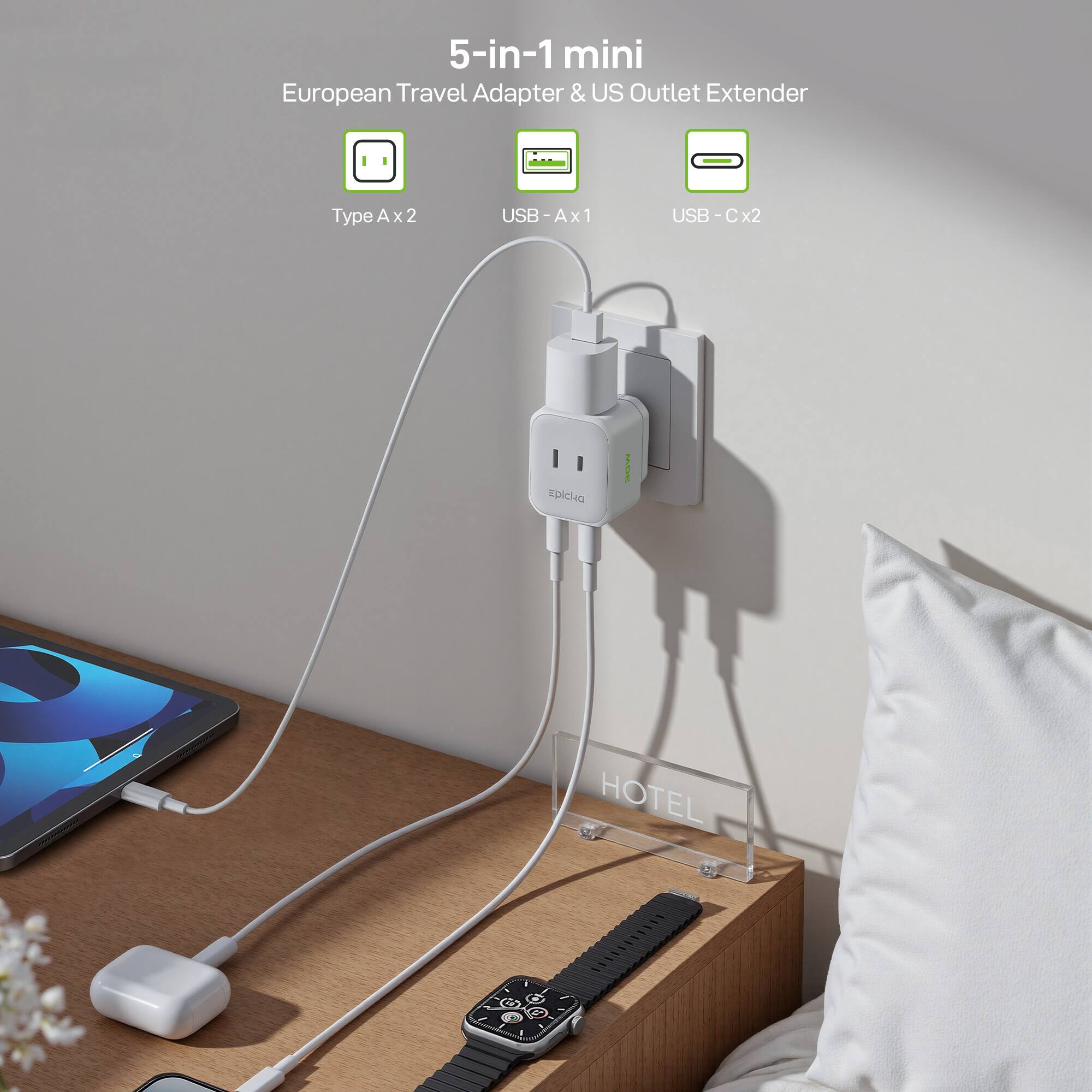 5-in-1 mini  
European Travel Adapter & US Outlet Extender  

Type A x 2  
USB-A x 1  
USB-C x 2