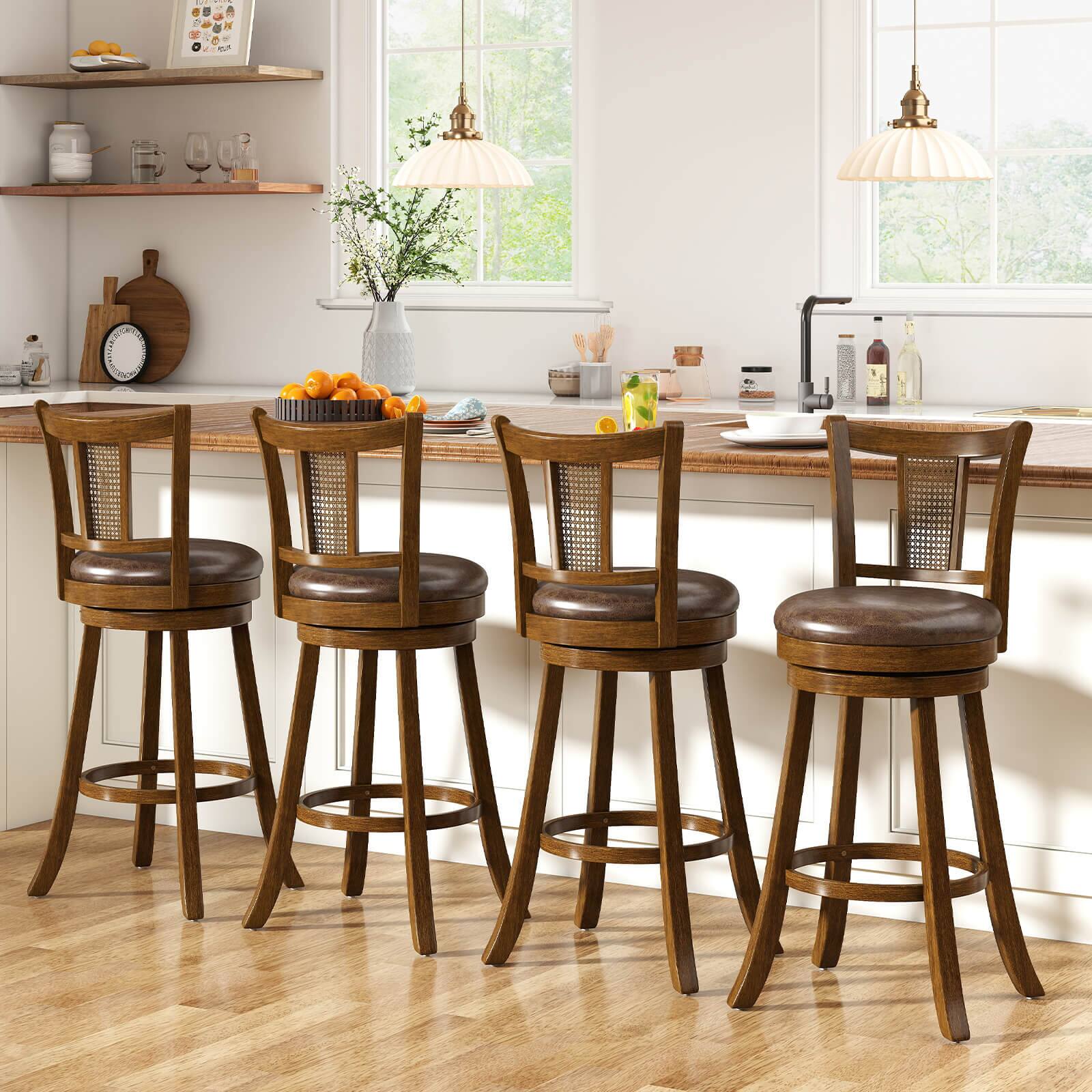 Alt View 4. Costway - Costway Set of 2 Bar Stools 30" Swivel Bar Chairs with PE Rattan Backrest & Footrest - Brown.