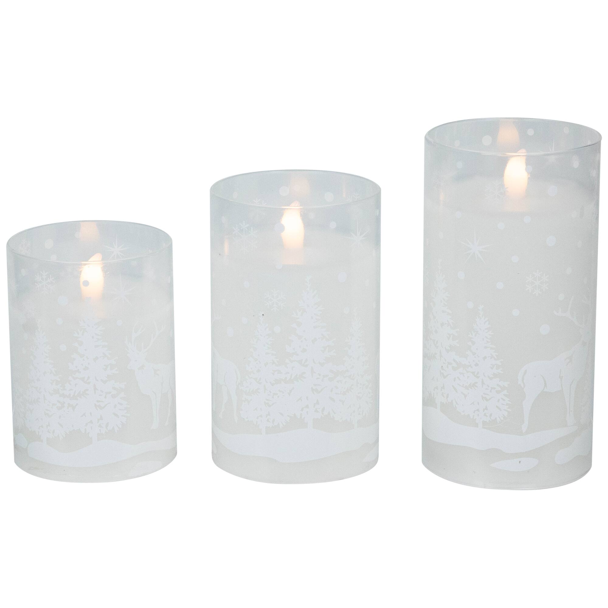 Alt View 4. Northlight - LED Flameless Flickering Snowy Woodland Glass Christmas Pillar Candles - 6" - Set of 3 - White.