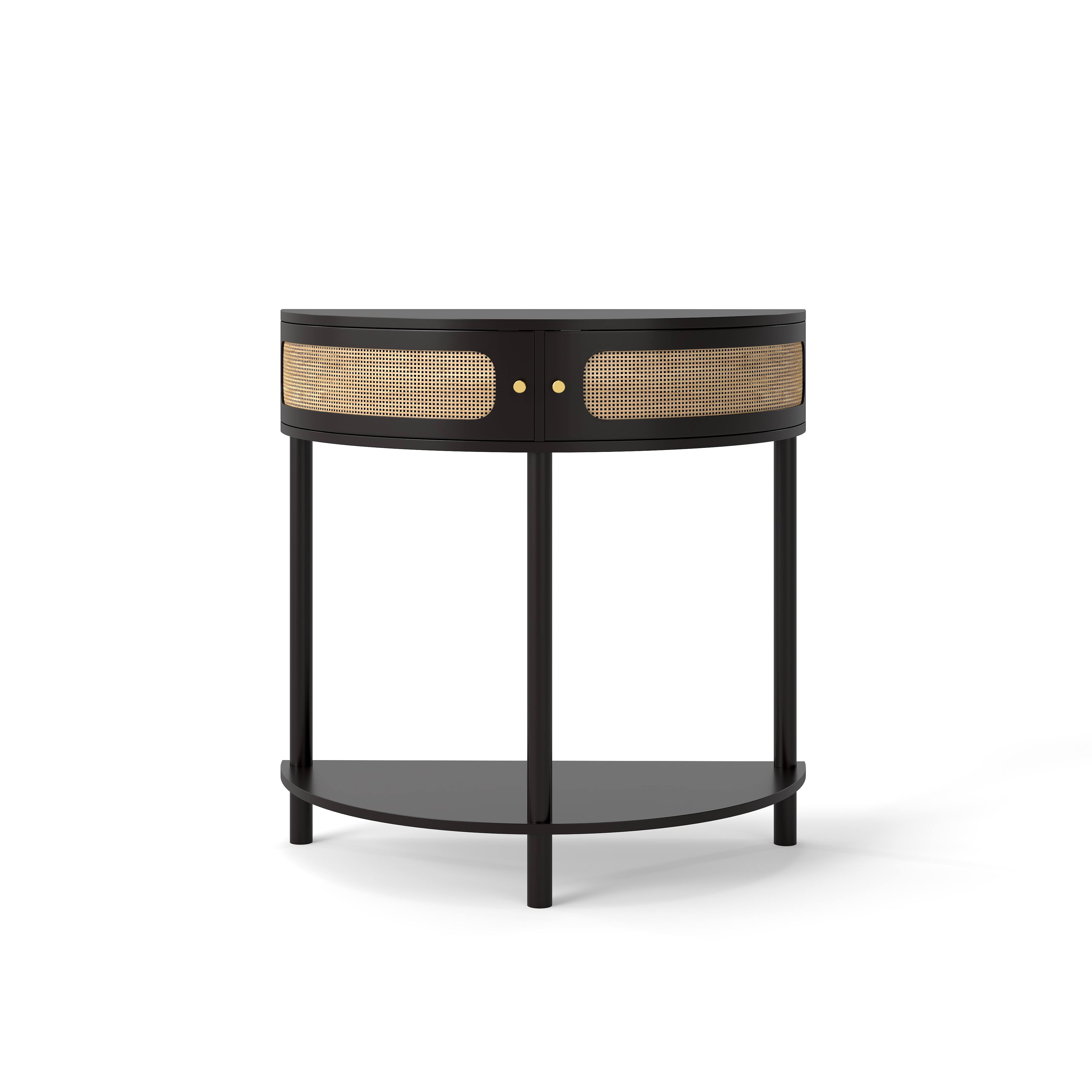 Alt View 8. Tiramisubest - Boho Rattan Semi Circle End Table with Sliding Door,Elegant Black Wood Accent Table with Storage and Bottom Shelf - Black.