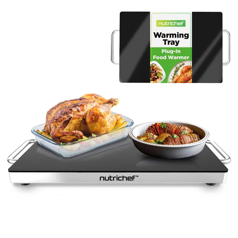 NutriChef - Electric Hot Plate Tray Dish Warmer with Black Glass Top - Ideal for Home, Buffets, Parties - Stainless Steel