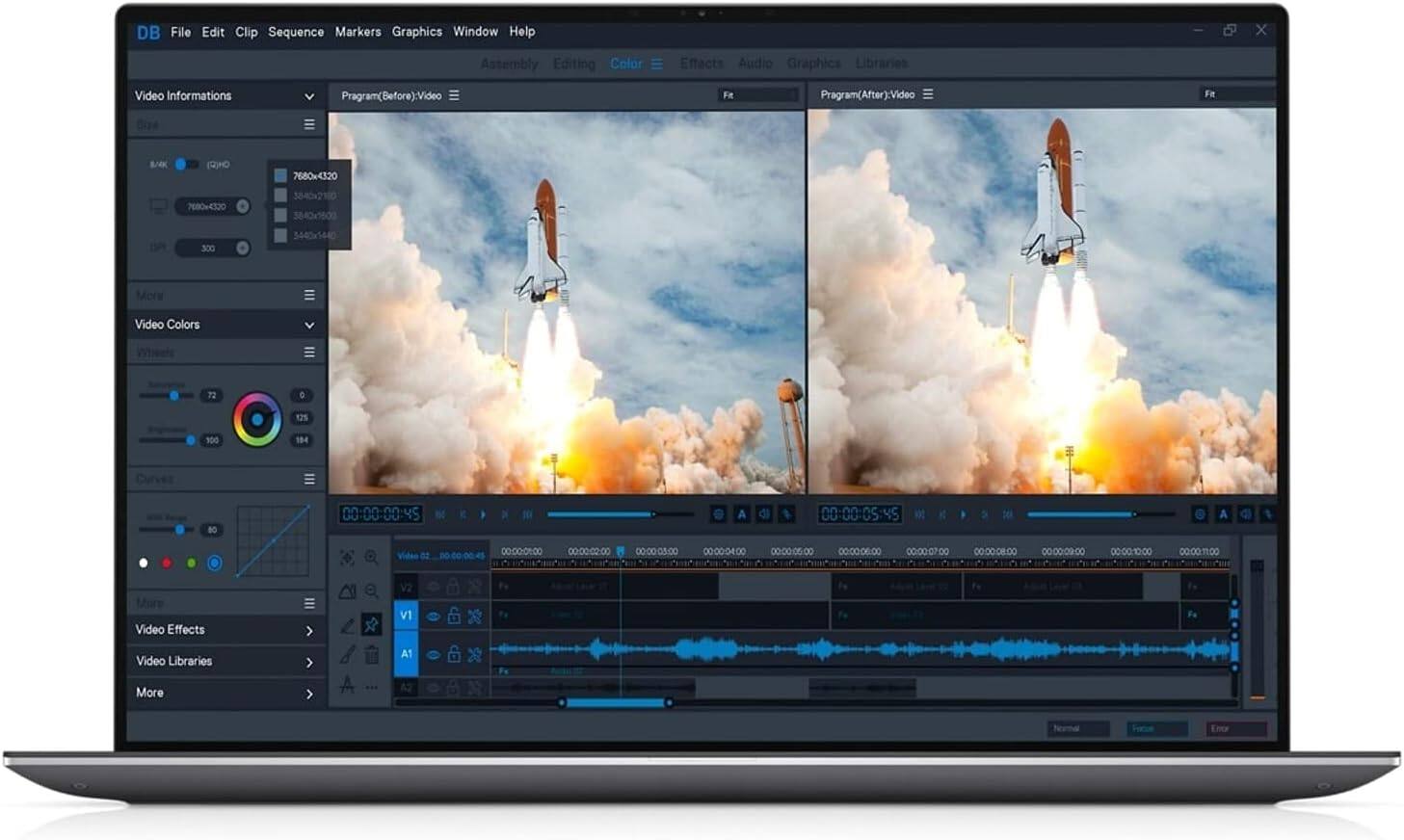 Sure, here is the corrected and grouped text from the image:

---

**Top Menu Bar:**
- DB
- File
- Edit
- Clip
- Sequence
- Markers
- Graphics
- Window
- Help

**Tabs:**
- Assembly
- Editing
- Color
- Effects
- Audio
- Graphics
- Libraries

**Left Sidebar:**
- Video Information
  - Program(Before): Video
  - Program(After): Video
- Video Colors
- Curves
- Video Effects
- Video Libraries
- More

**Video Information Section:**
- 7680x4320
- 3840x2160
- 3440x1440
- 300
- 1P

**Timeline:**
- 00:00:00:00
- 00:00:01:00
- 00:00:02:00
- 00:00:03:00
- 00:00:04:00
- 00:00:05:0