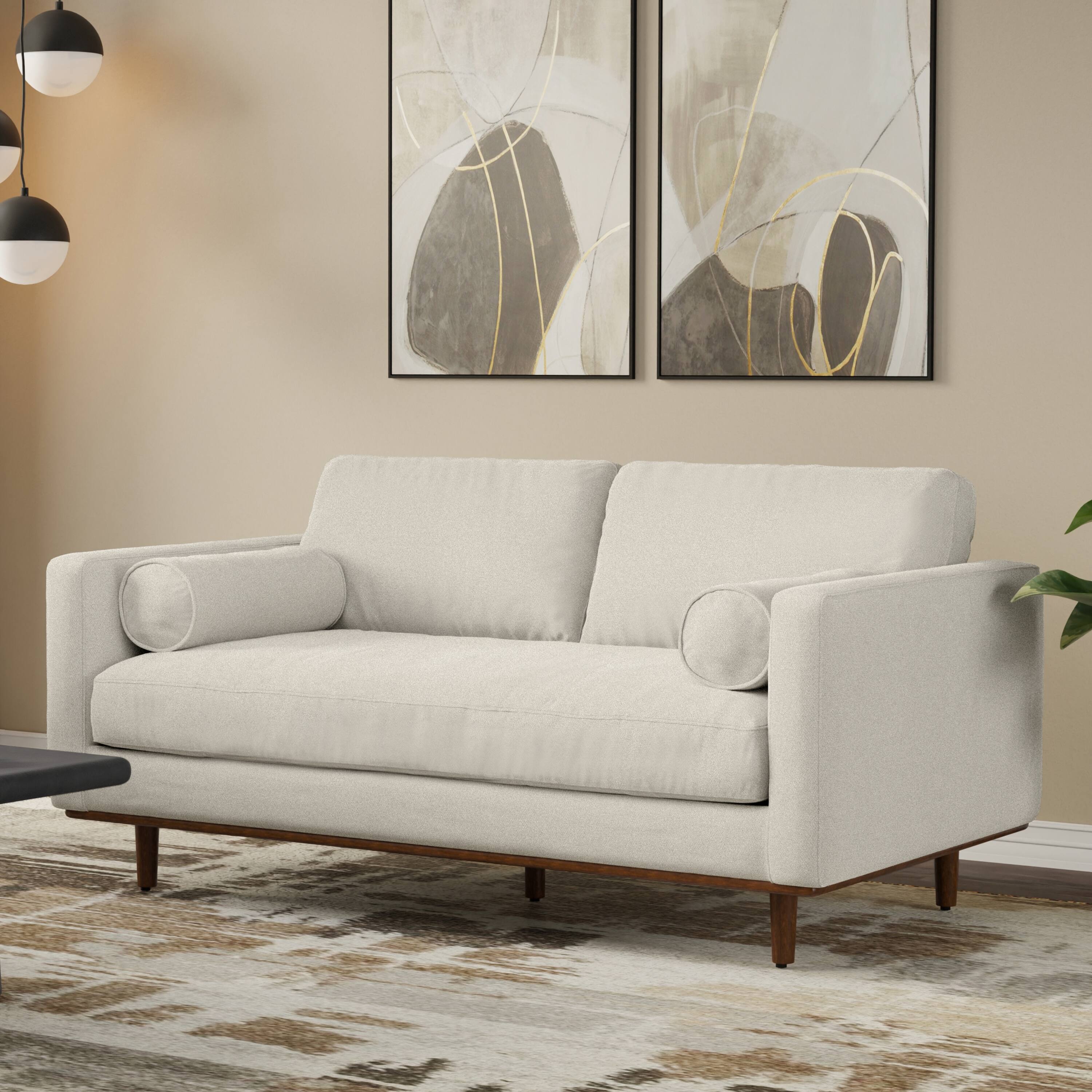 Angle. Simpli Home - Morrison 72 inch Wide Mid-Century Modern Loveseat Sofa in Cream White Woven-Blend Fabric - Cream White.