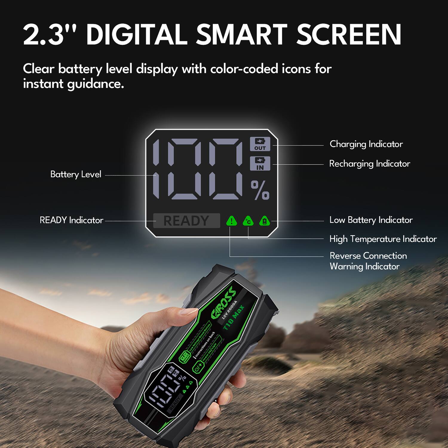 2.3" DIGITAL SMART SCREEN

Clear battery level display with color-coded icons for instant guidance.

Battery Level
READY Indicator
Charging Indicator
Recharging Indicator
Low Battery Indicator
High Temperature Indicator
Reverse Connection Warning Indicator