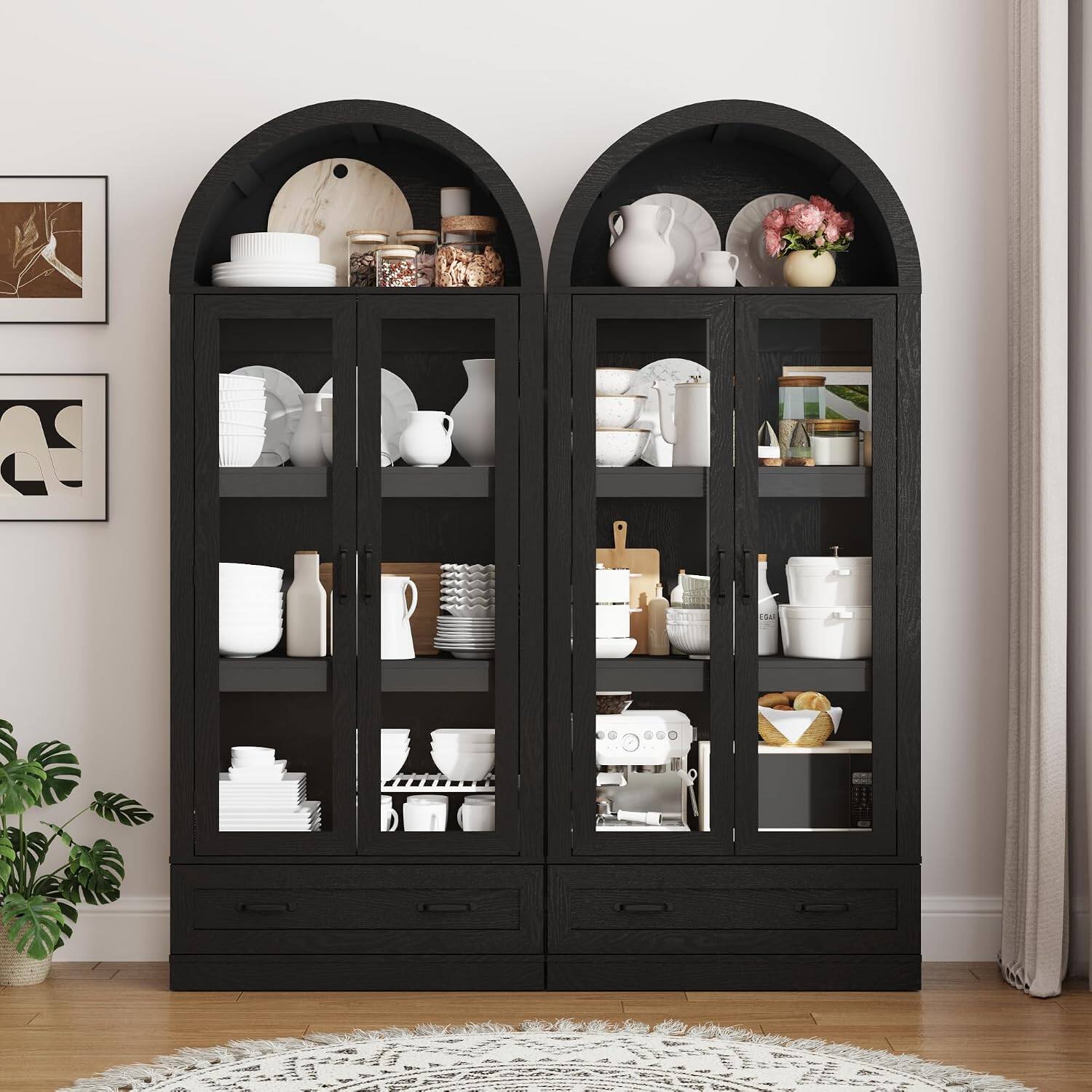 Left. Espafurni - 75" Tall Arched Kitchen Pantry Cabinet with Steel Pipe Support, Glass Doors & Drawer - Black.