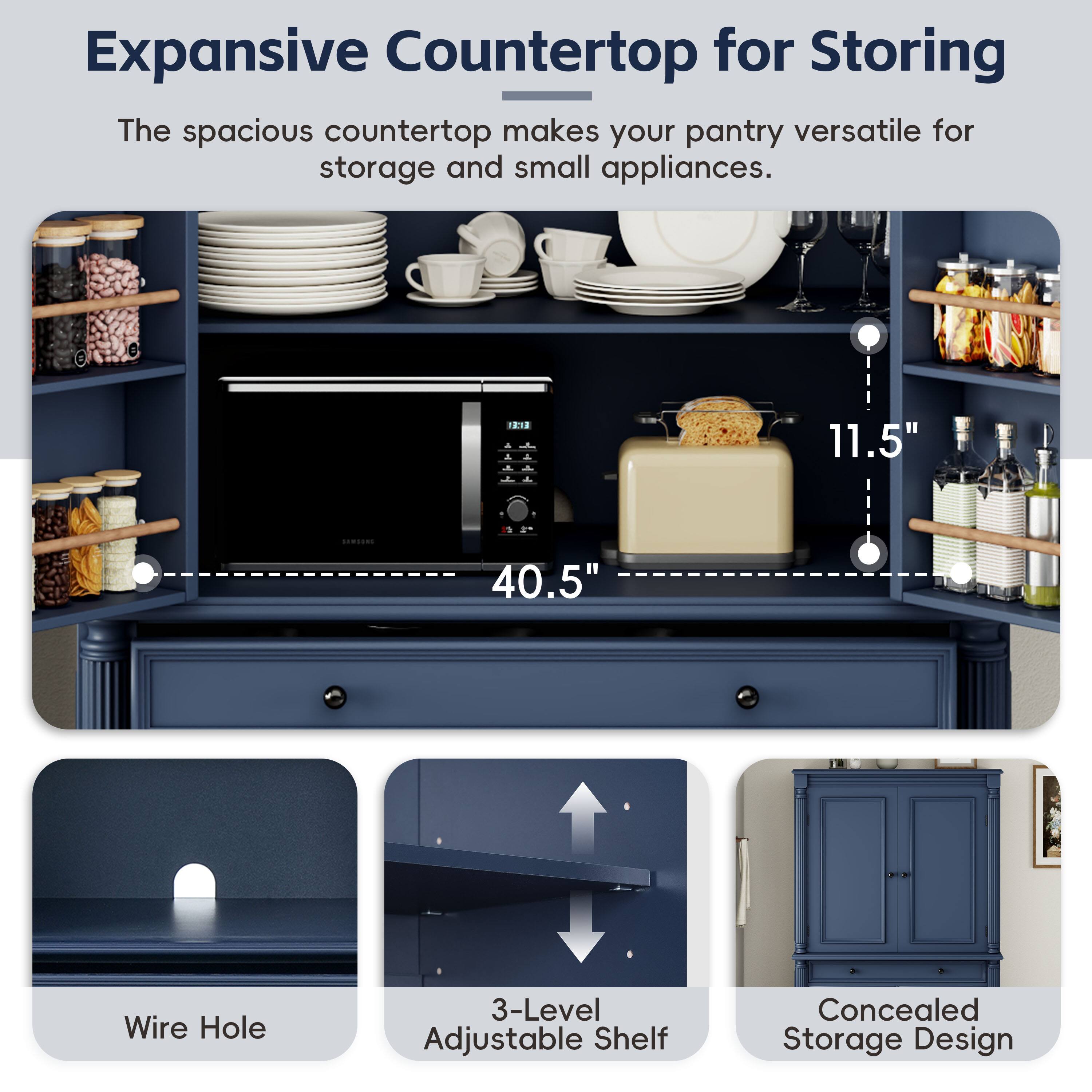 Expansive Countertop for Storing

The spacious countertop makes your pantry versatile for storage and small appliances.

- 11.5" x 40.5" Wire Hole
- 3-Level Adjustable Shelf
- Concealed Storage Design