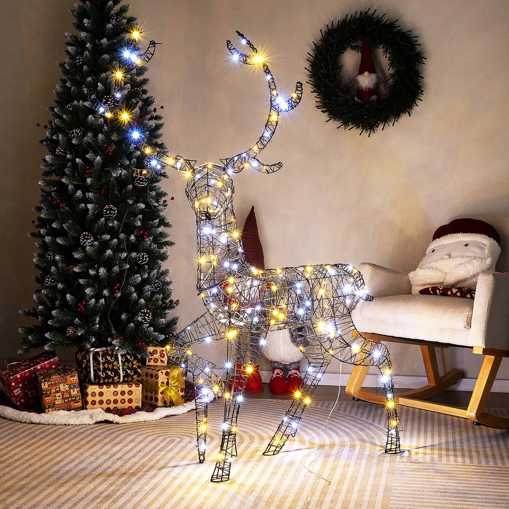 Alt View 3. Gymax - Gymax Christmas 3D Lighted Reindeer Pre-Lit Rattan Buck w/ Large Antlers & 170 LED Lights - Brown.