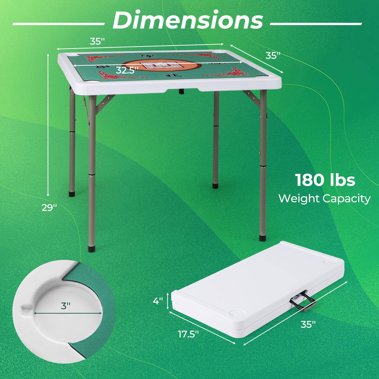 Dimensions:  
- Length: 35"  
- Width: 35"  
- Height: 29"  
- Tabletop: 32.5"  
- Weight Capacity: 180 lbs  
- Base: 3" x 4"  
- Base Diameter: 17.5"  
- Box Dimensions: 35" x 17.5" x 4"