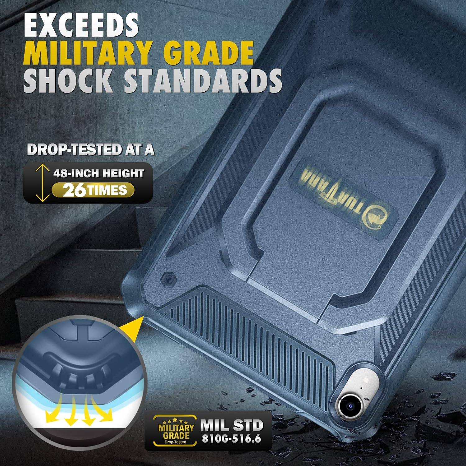 EXCEEDS MILITARY GRADE SHOCK STANDARDS

DROP-TESTED AT A
48-INCH HEIGHT 26 TIMES

MILITARY MIL STD GRADE 810G-516.6 Drop Tested
