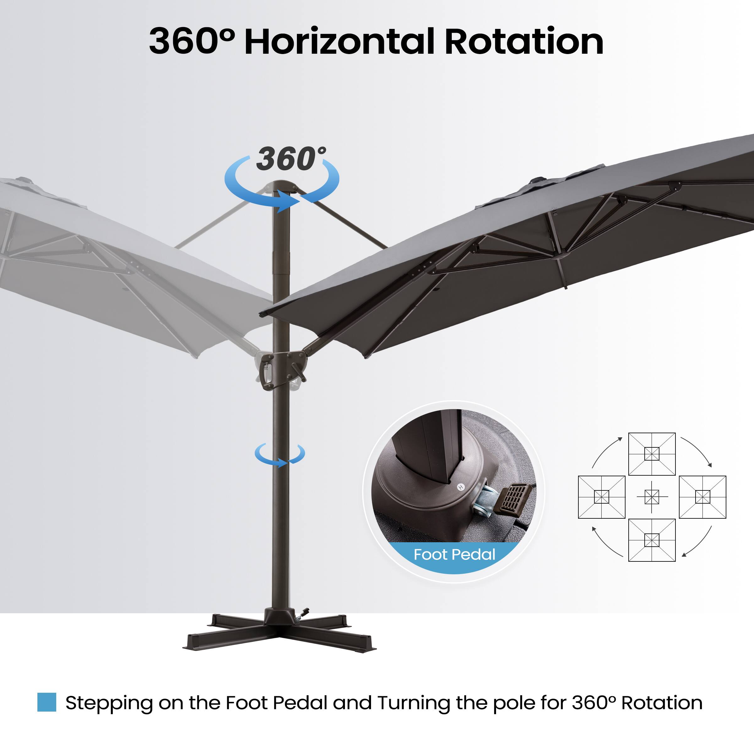 360° Horizontal Rotation

Stepping on the Foot Pedal and Turning the pole for 360° Rotation

Foot Pedal