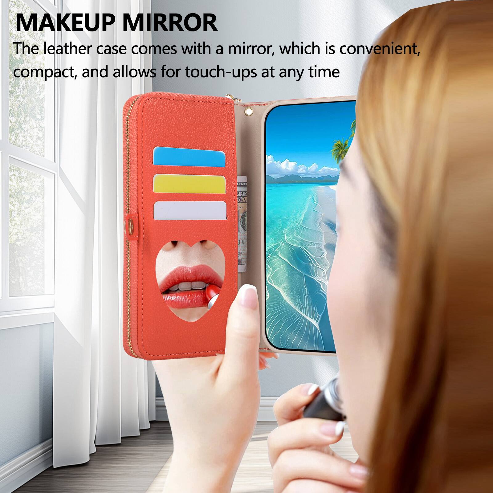 MAKEUP MIRROR  
The leather case comes with a mirror, which is convenient, compact, and allows for touch-ups at any time
