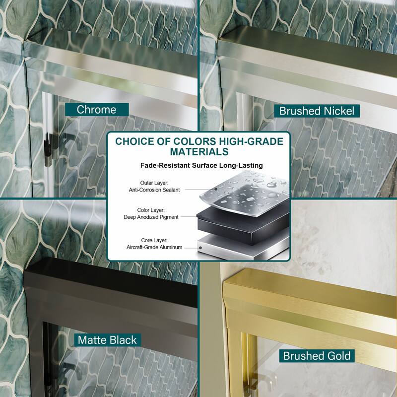 Chrome Brushed Nickel CHOICE OF COLORS HIGH-GRADE MATERIALS Fade-Resistant Surface Long-Lasting Outer Layer. Anti-Corrosion Sealant Color Layer. Deep Anodized Pigment Core Layer. Aircraft-Grade Aluminum Matte Black Brushed Gold