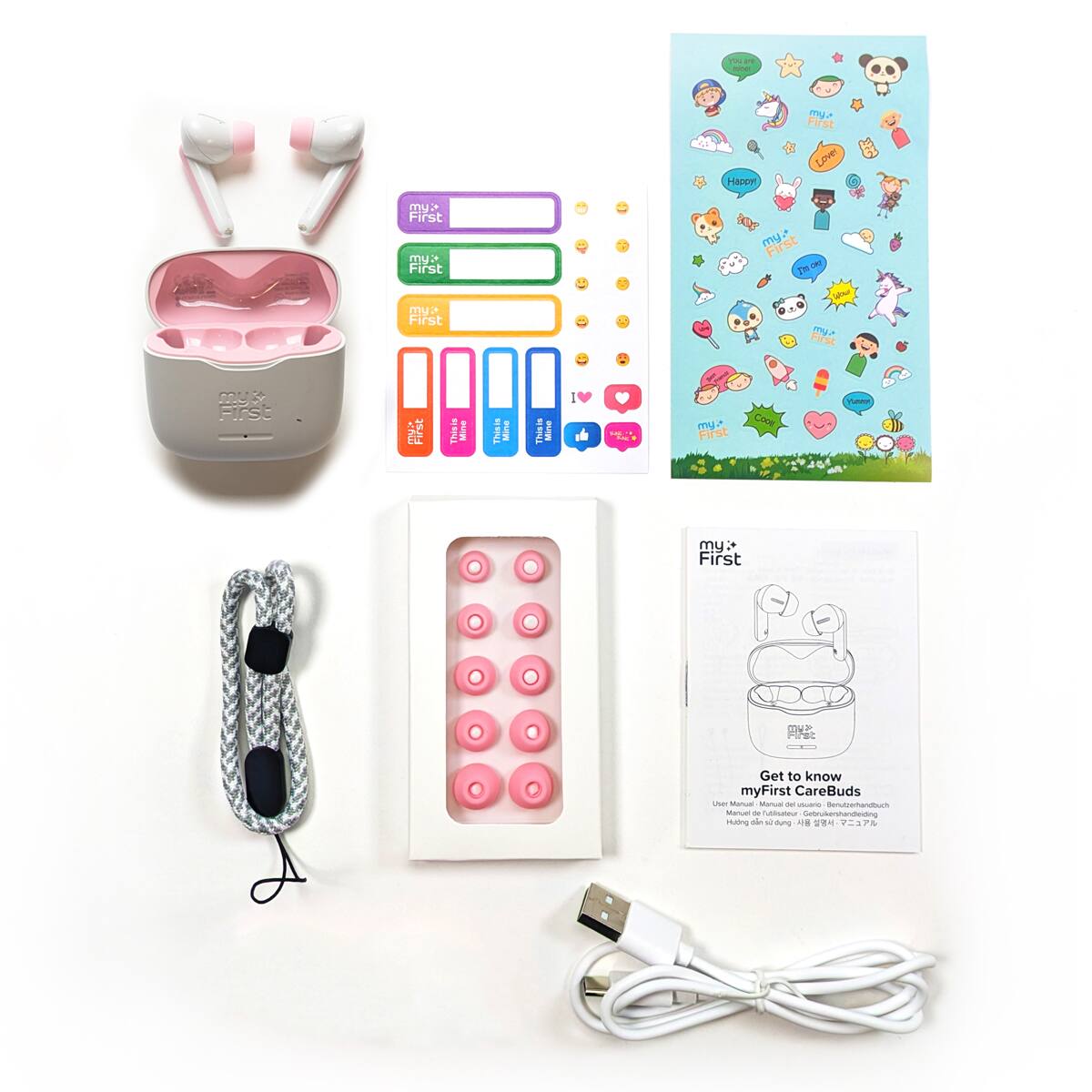 Sure, here is the corrected and grouped text from the image:

---

**myFirst CareBuds**

**Get to know myFirst CareBuds**

- **Manual** (in multiple languages: English, French, German, Spanish, Italian, Dutch, Portuguese, Russian, Turkish, Chinese, Japanese, Korean, Arabic, Hindi, Thai, Vietnamese, Indonesian, Polish, Swedish, Danish, Norwegian, Finnish, Greek, Hungarian, Czech, Romanian, Bulgarian, Croatian, Serbian, Slovenian, Albanian, Bosnian, Macedonian, Turkish, Persian, Urdu, Bengali, Tamil, Telugu, Malayalam, Kannada, Marathi, Gujarati, Punjabi, Oriya, Assamese, Manipuri, Nepali, Sinhala, Burmese, Khmer, Lao, Vietnamese, Indonesian, Malay, Filipino, Afrikaans, Swahili, Yoruba, Igbo, Hausa, Amharic, Tigrinya, Oromo, Somali, Zulu, Sesotho, Xhosa, Afrikaans, Swahili, Yoruba, Igbo, Hausa, Amharic, Tigrinya, Oromo, Somali, Zulu, Sesotho, X