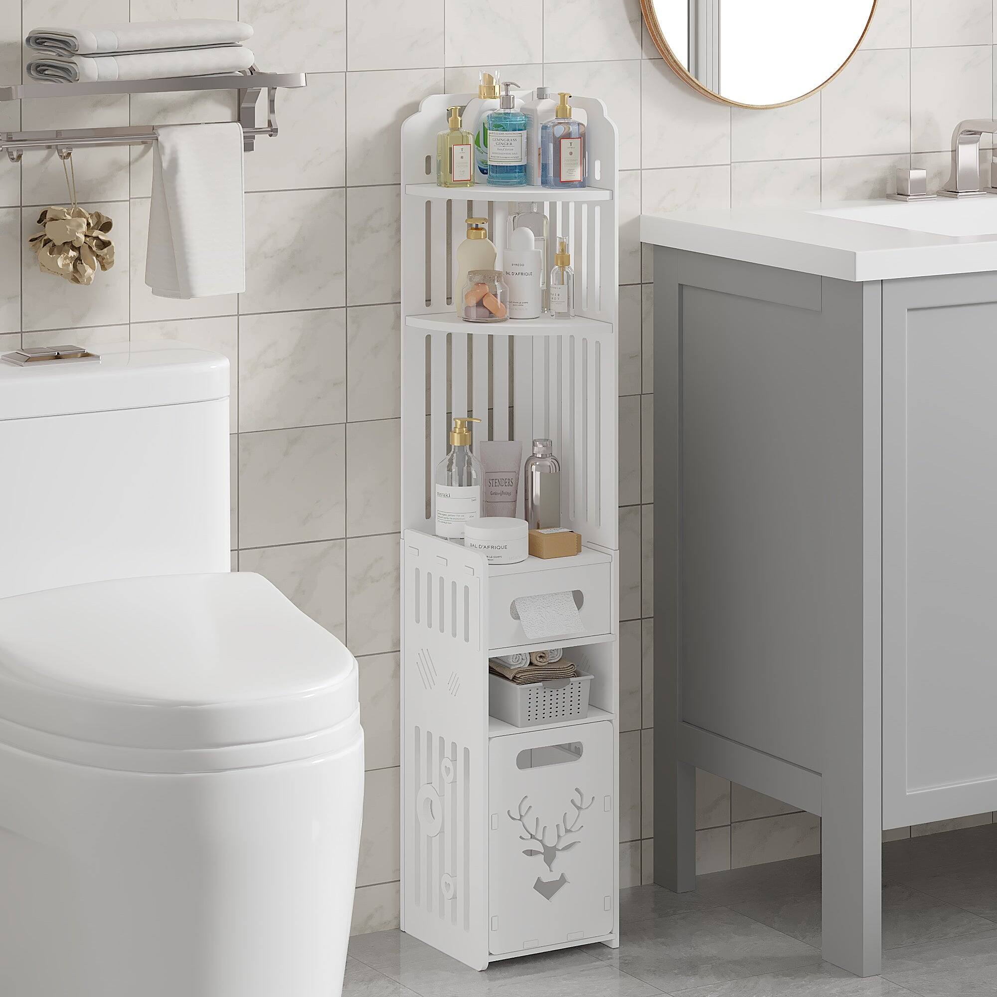 The text in the image is not clearly visible, but based on the context, it appears to be product labels and brand names on the toiletries. Here is a possible grouping and correction of the text:

1. **Top Shelf:**
   - "L'Occitane"
   - "L'Occitane"

2. **Second Shelf:**
   - "L'Occitane"
   - "L'Occitane"

3. **Third Shelf:**
   - "L'Occitane"
   - "L'Occitane"

4. **Bottom Shelf:**
   - "L'Occitane"

5. **Drawer:**
   - (No visible text)

6. **Toilet Paper:**
   - (No visible text)

7. **Toilet:**
   - (No visible text)

8. **Sink Area:**
   - (No visible text)

The text is likely brand names and product labels, but without clearer visibility, it's difficult to provide exact corrections.