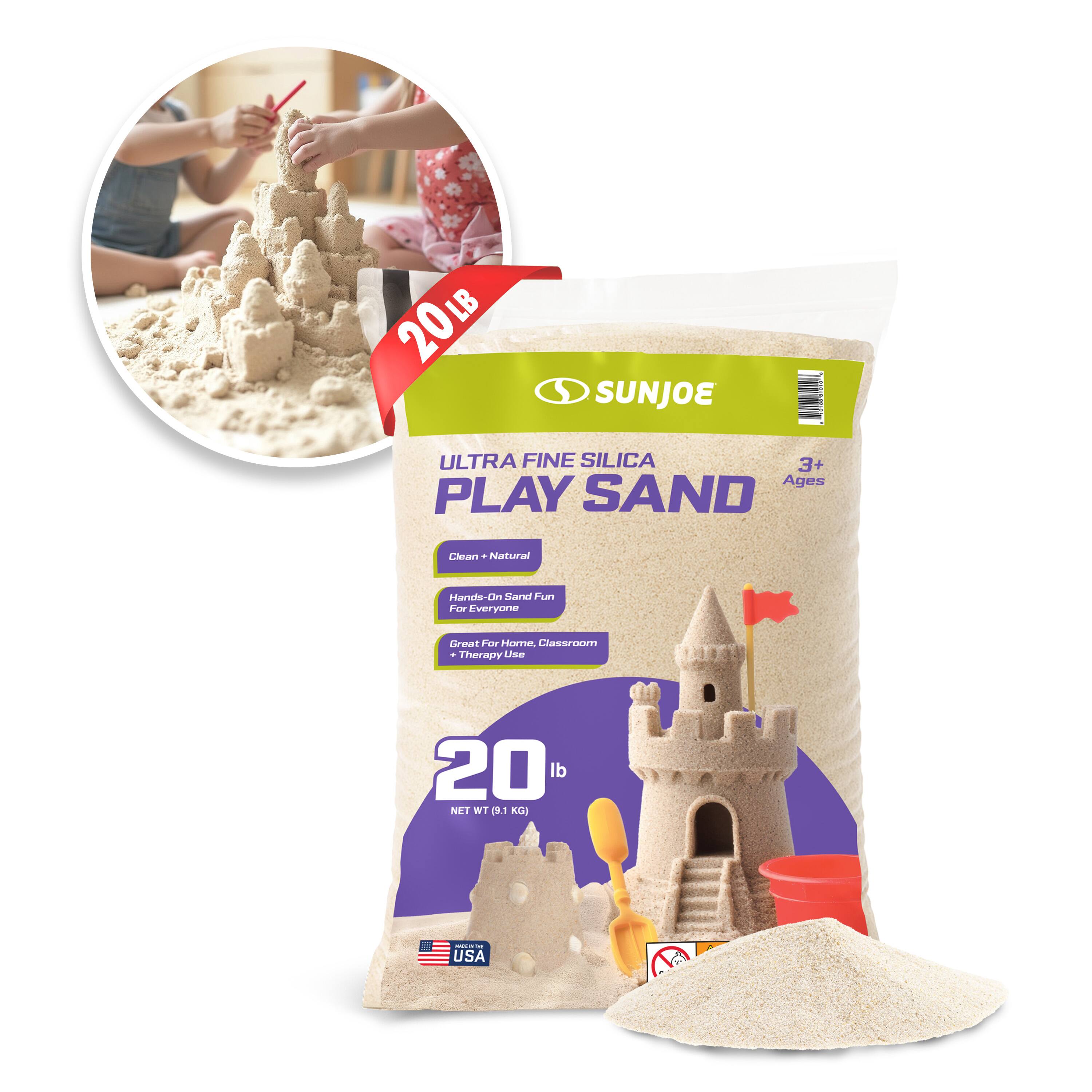 20 LB SUNJOE ULTRA FINE SILICA PLAY SAND  
Ages 3+  
Clean + Natural  
Hand-On Sand Fun For Everyone  
Great For Home, Classroom + Therapy Use  
20 lb NET WT 9.1 KG  
USA