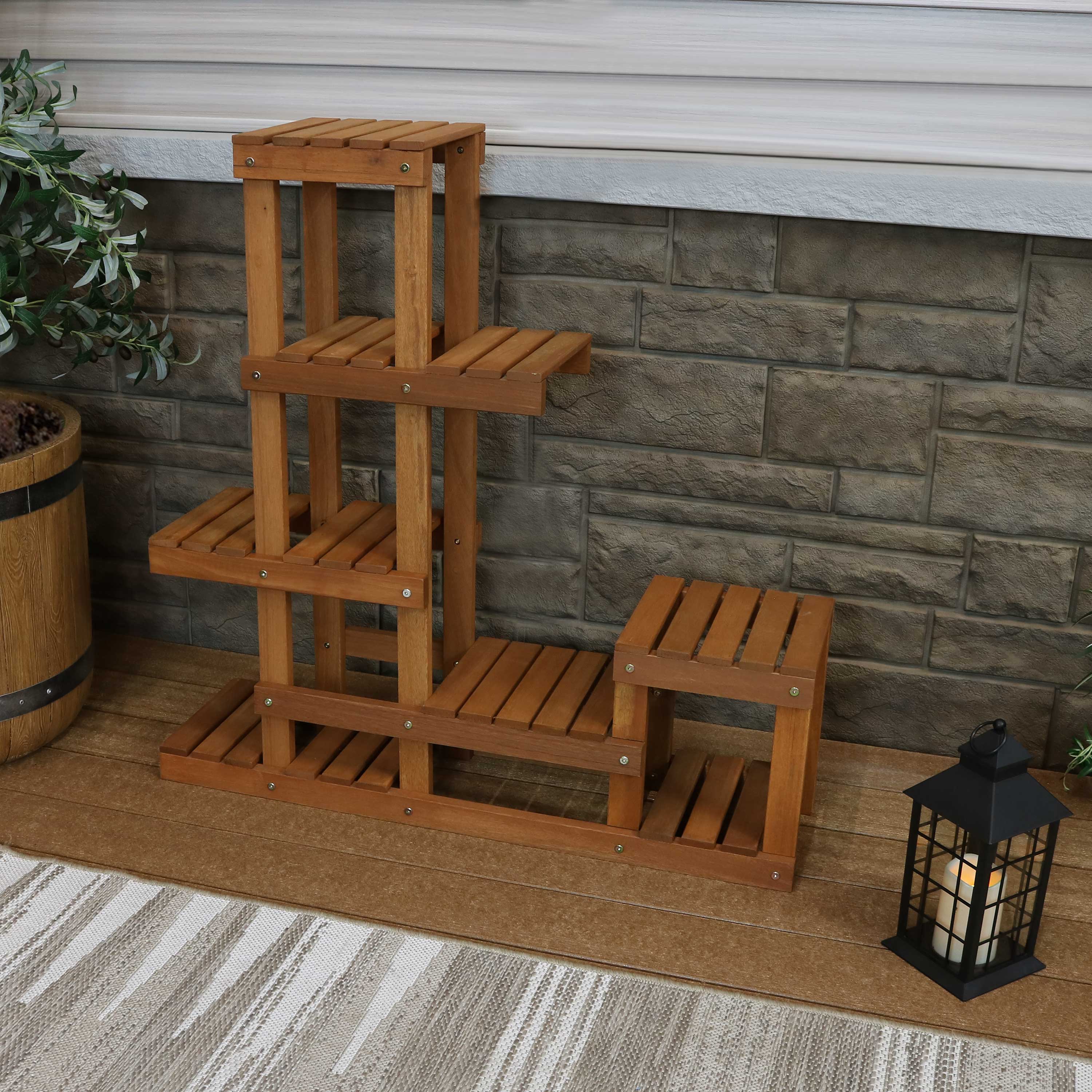 Alt View 1. Sunnydaze - Meranti Wood Multi-Shelf Plant Stand with Teak Oil Finish - 36 in - Brown.