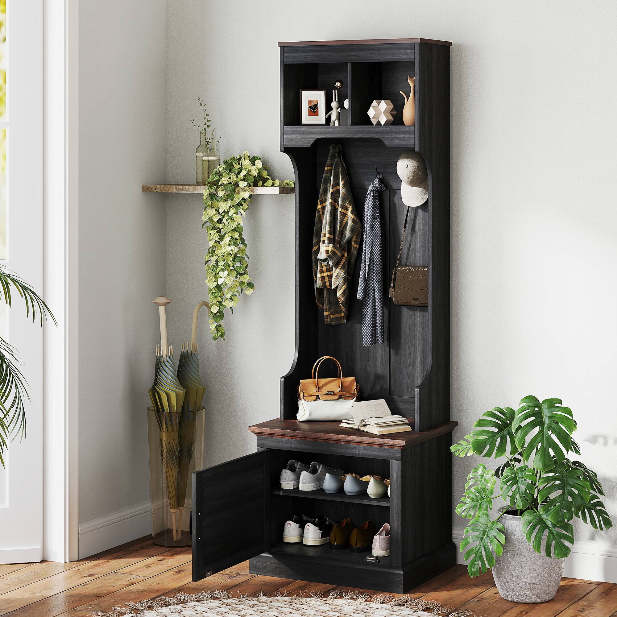 Alt View 1. Homcom - 3-in-1 Hall Tree with Shoe Storage, Standing Coat Rack with Shoe Bench, Entryway Furniture with Three Hooks - Black Wood Grain.
