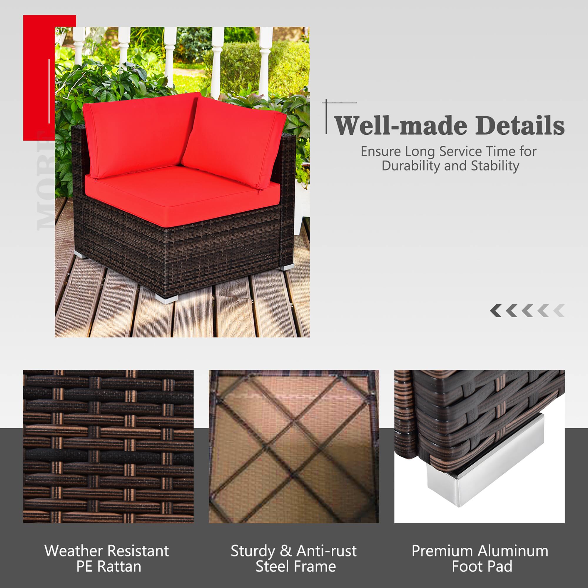 Sure, here is the corrected and grouped text from the image:

---

**Well-made Details**  
Ensure Long Service Time for Durability and Stability

- Weather Resistant PE Rattan
- Sturdy & Anti-rust Steel Frame
- Premium Aluminum Foot Pad

---