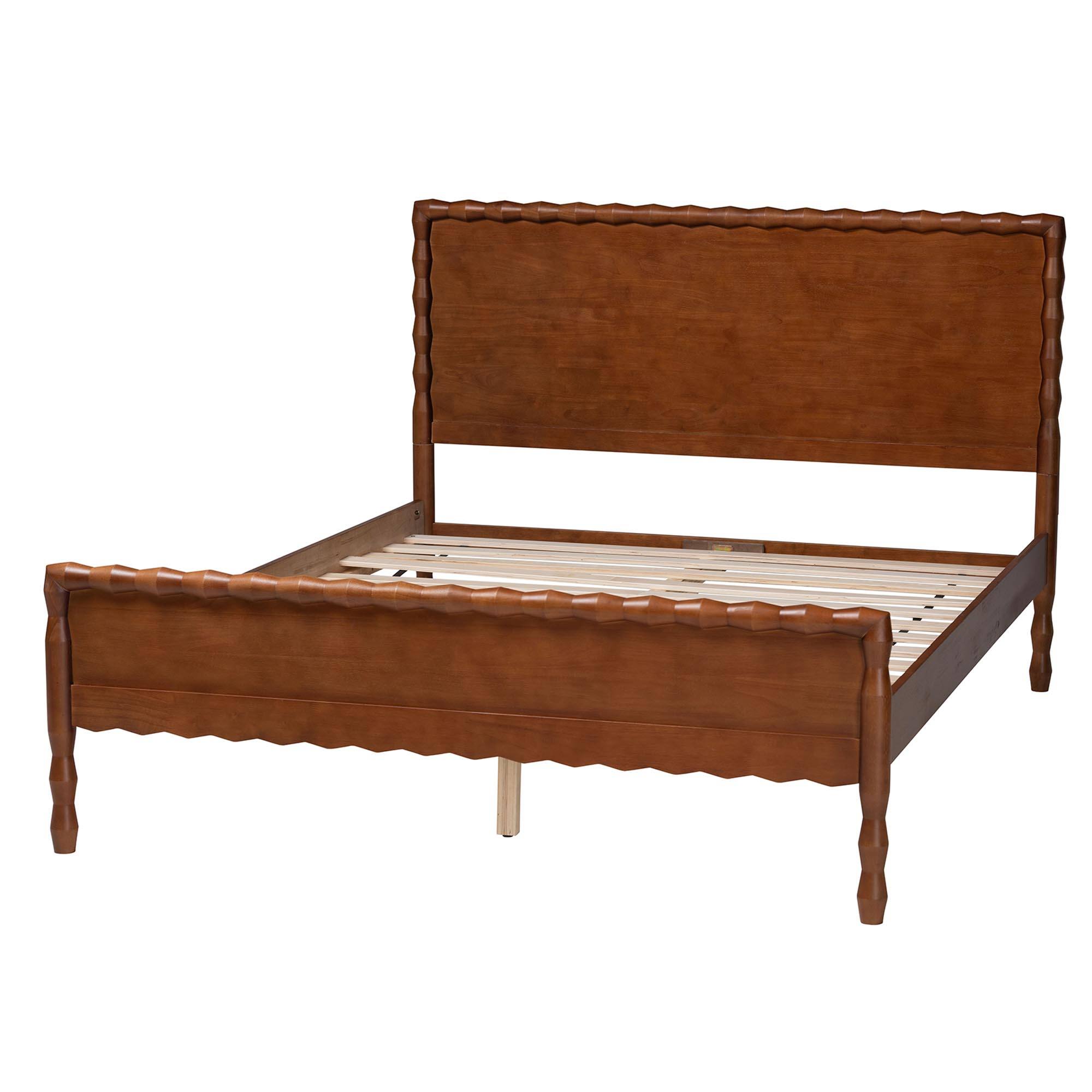 Left. Baxton Studio - Seamus Platform Bed with Carved Bobbin Frame, Queen - Walnut Brown.