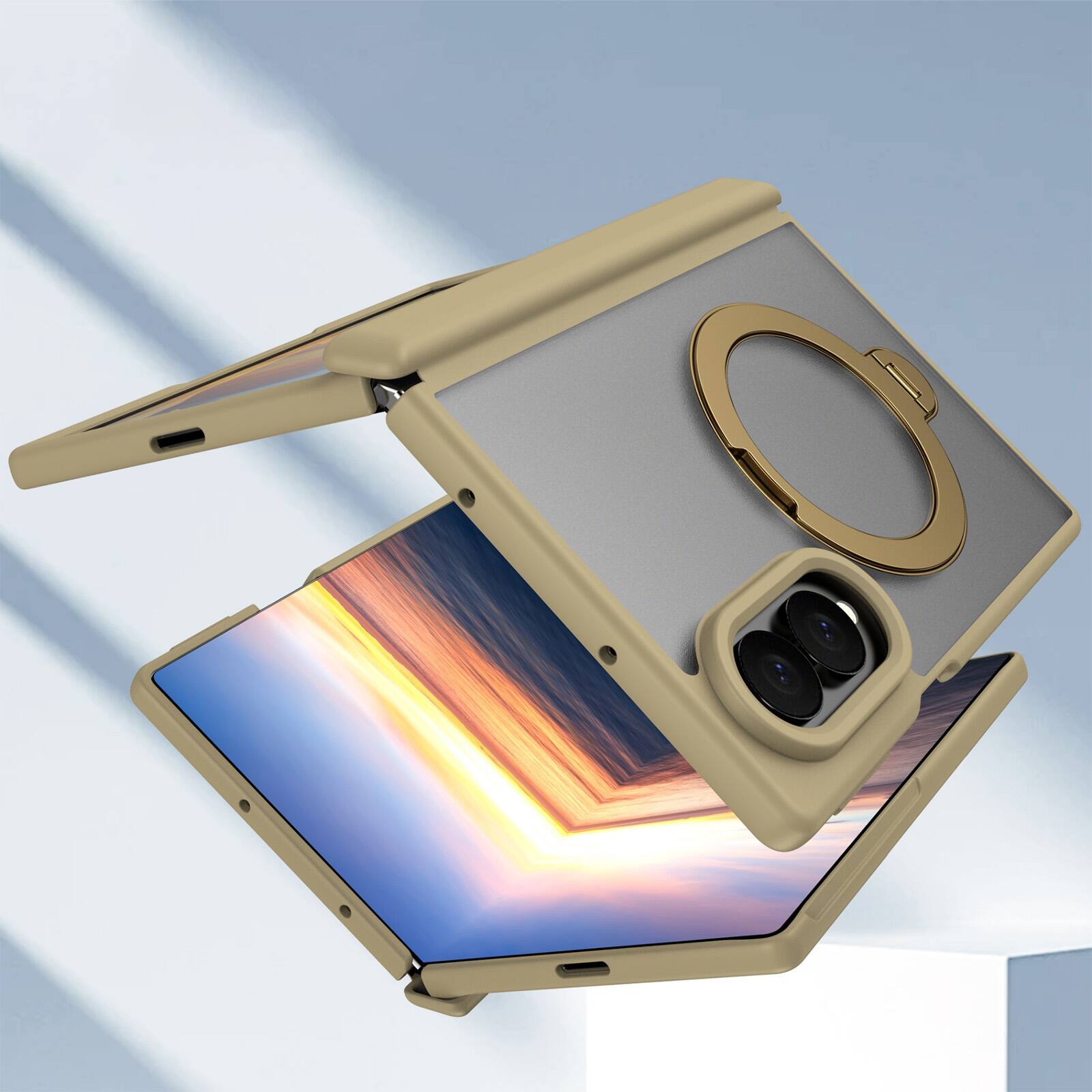 Back. Dteck - For Samsung Galaxy Z Fold8 Magnetic Case Built-in Screen Protector,Shockproof Ring Stand Clear Back Hinge Protect Cover - Gold.