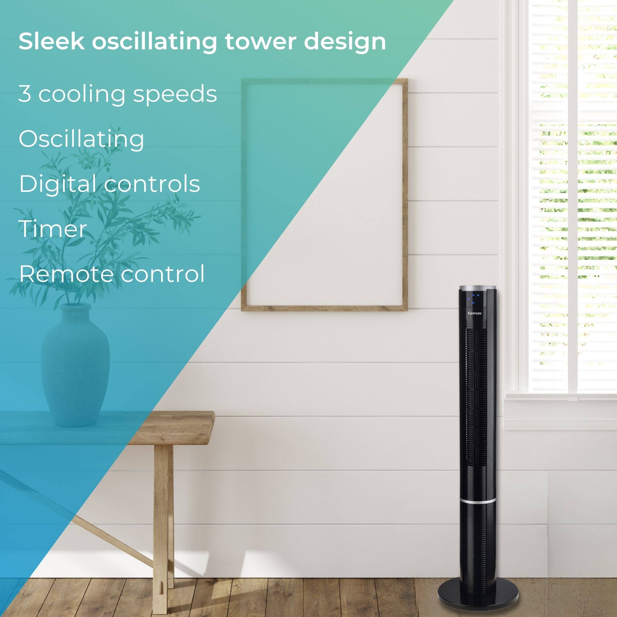 Sleek oscillating tower design  
3 cooling speeds  
Oscillating  
Digital controls  
Timer  
Remote control