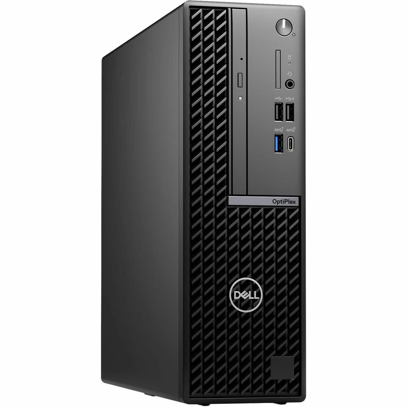 The image features a black Dell computer tower with a silver logo on the front. The tower is equipped with a DVD drive and a USB port, and it appears to be a powerful desktop computer. The Dell OptiPlex computer is designed for business use and offers a combination of performance, reliability, and security.