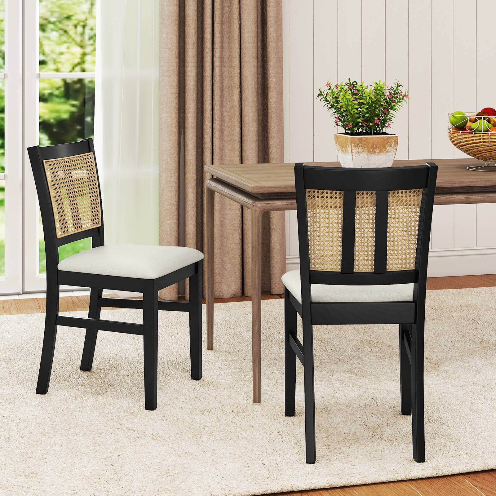 Alt View 1. Costway - Costway Farmhouse Rattan Dining Chair Set of 4 Fabric Upholstered Kitchen Chairs - Black,White.