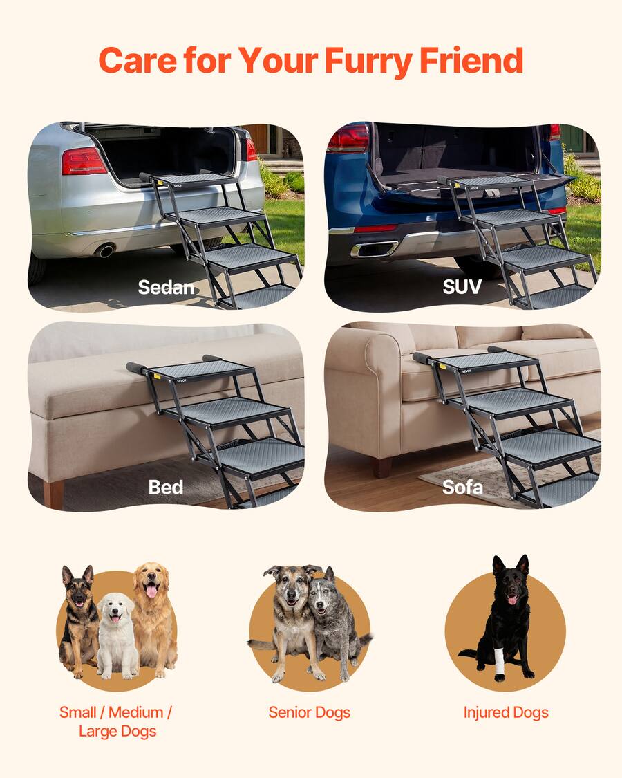 VEVOR Dog Stairs for Car, 4 Steps Extra Wide Foldable Dog Ramp for ...