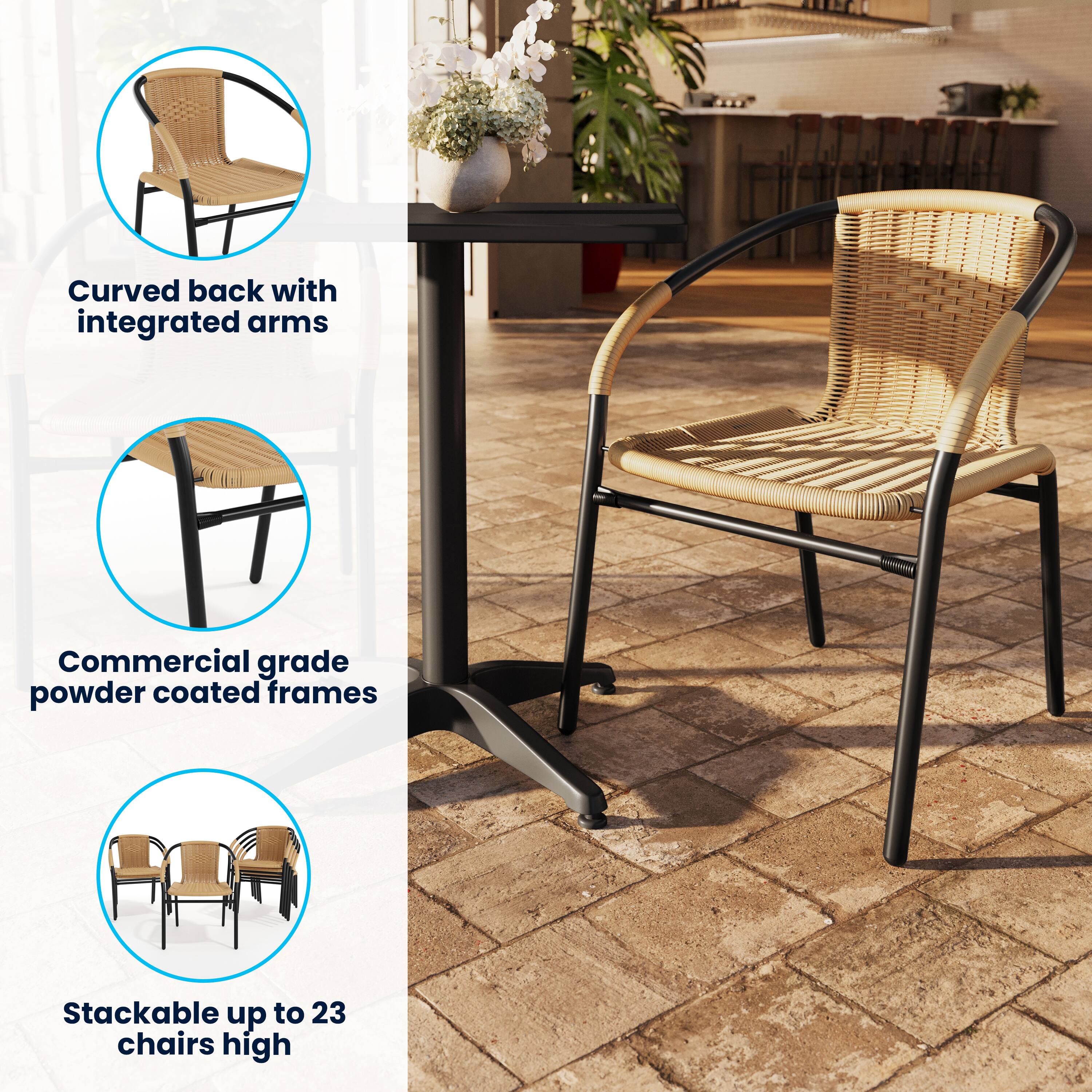 Curved back with integrated arms  
Commercial grade powder coated frames  
Stackable up to 23 chairs high