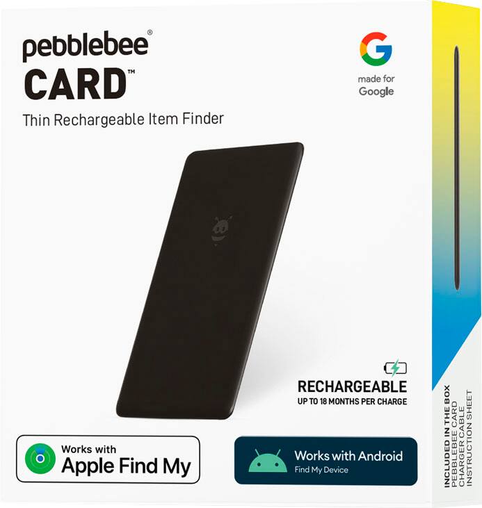 Pebblebee TM CARD Thin Rechargeable Item Finder G made for Google Works with Apple Find My RECHARGEABLE UP TO 18 MONTHS PER CHARGE Works with Android Find My Device BOX INCLUDED PEBBLEBEE CHARGER INSTRUCTION SHEET