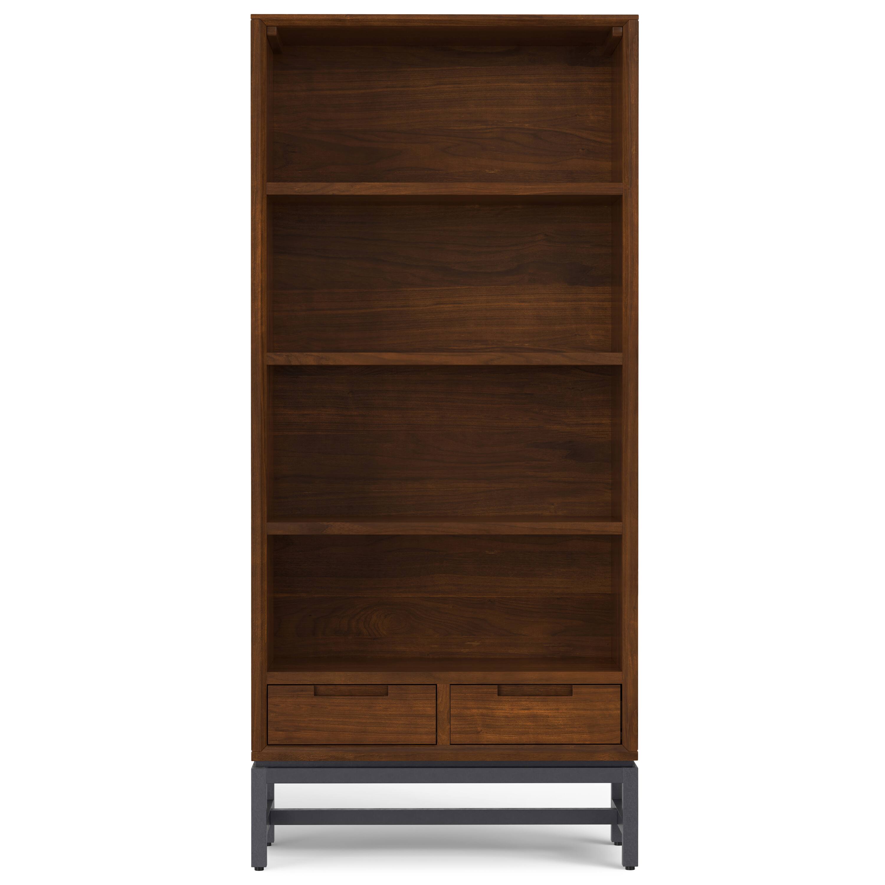 Left. Simpli Home - Banting 66 inch Tall Solid Wood Mid Century Bookcase in Walnut Veneer - Walnut Veneer.