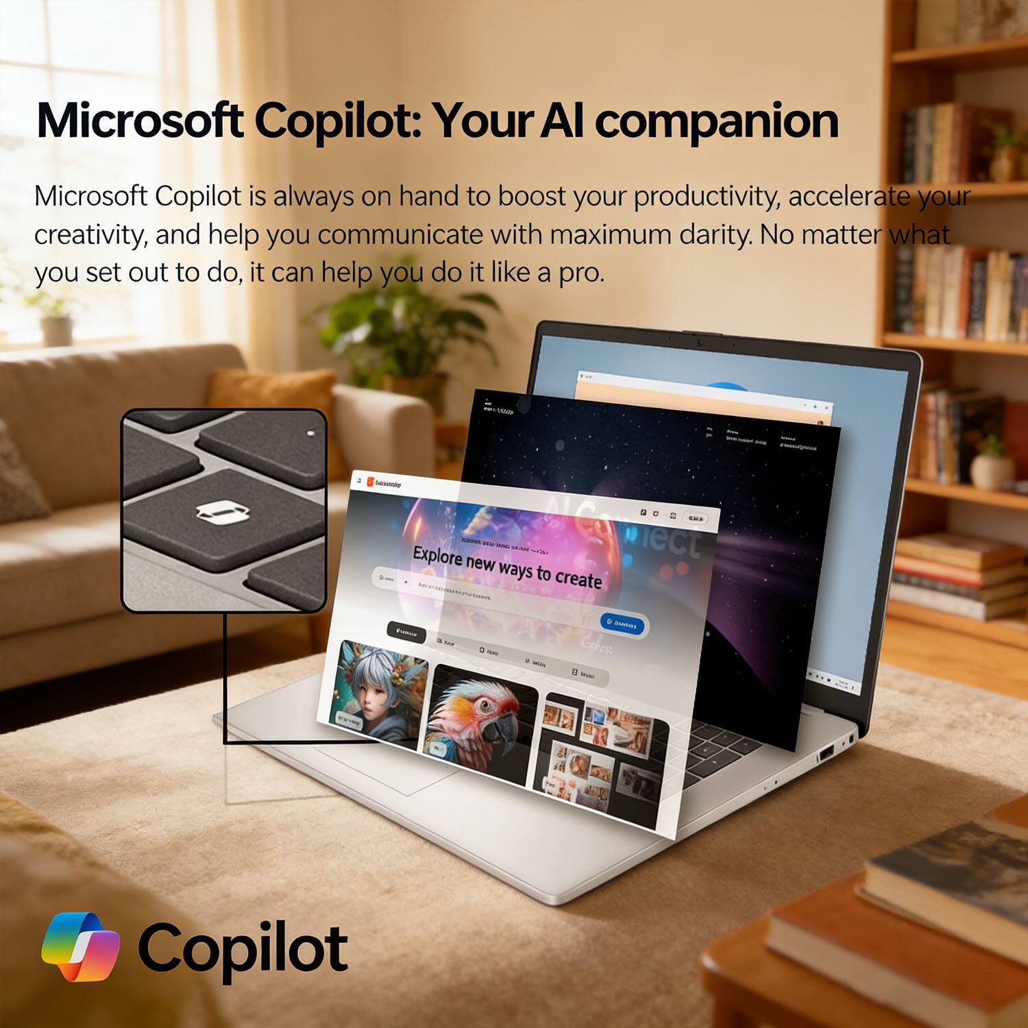 Microsoft Copilot: Your AI companion

Microsoft Copilot is always on hand to boost your productivity, accelerate your creativity, and help you communicate with maximum clarity. No matter what you set out to do, it can help you do it like a pro.

Explore new ways to create

Copilot