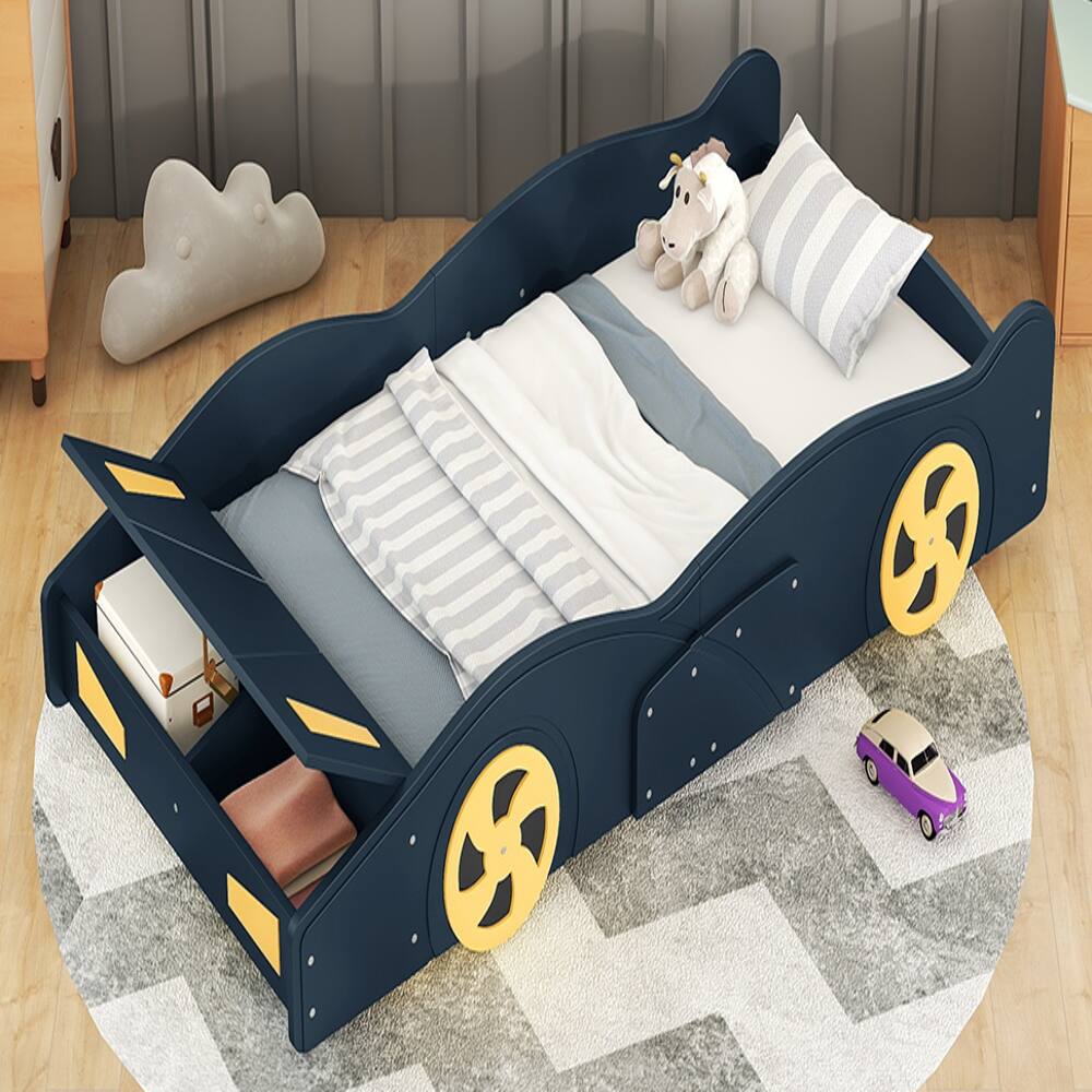 Alt View 1. Loheer - Loheer Twin Race Car Bed with Storage, Dark Blue Yellow Kids Bed - Dark Blue+Yellow.