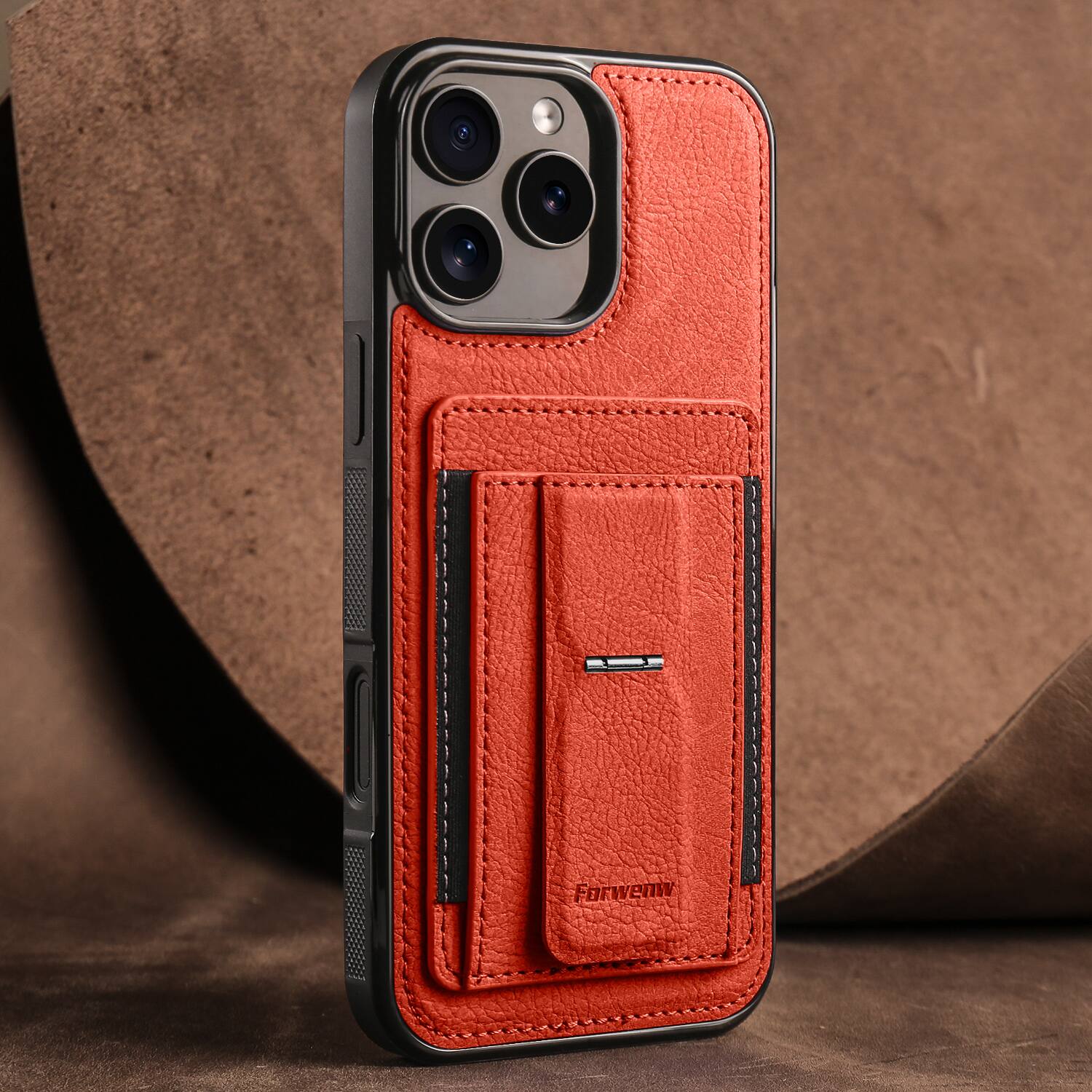 Angle. Dteck - Slim Card Holder Case for Apple iPhone 16 Pro, Shockproof Wallet Protective Cover with Kickstand - Orange.