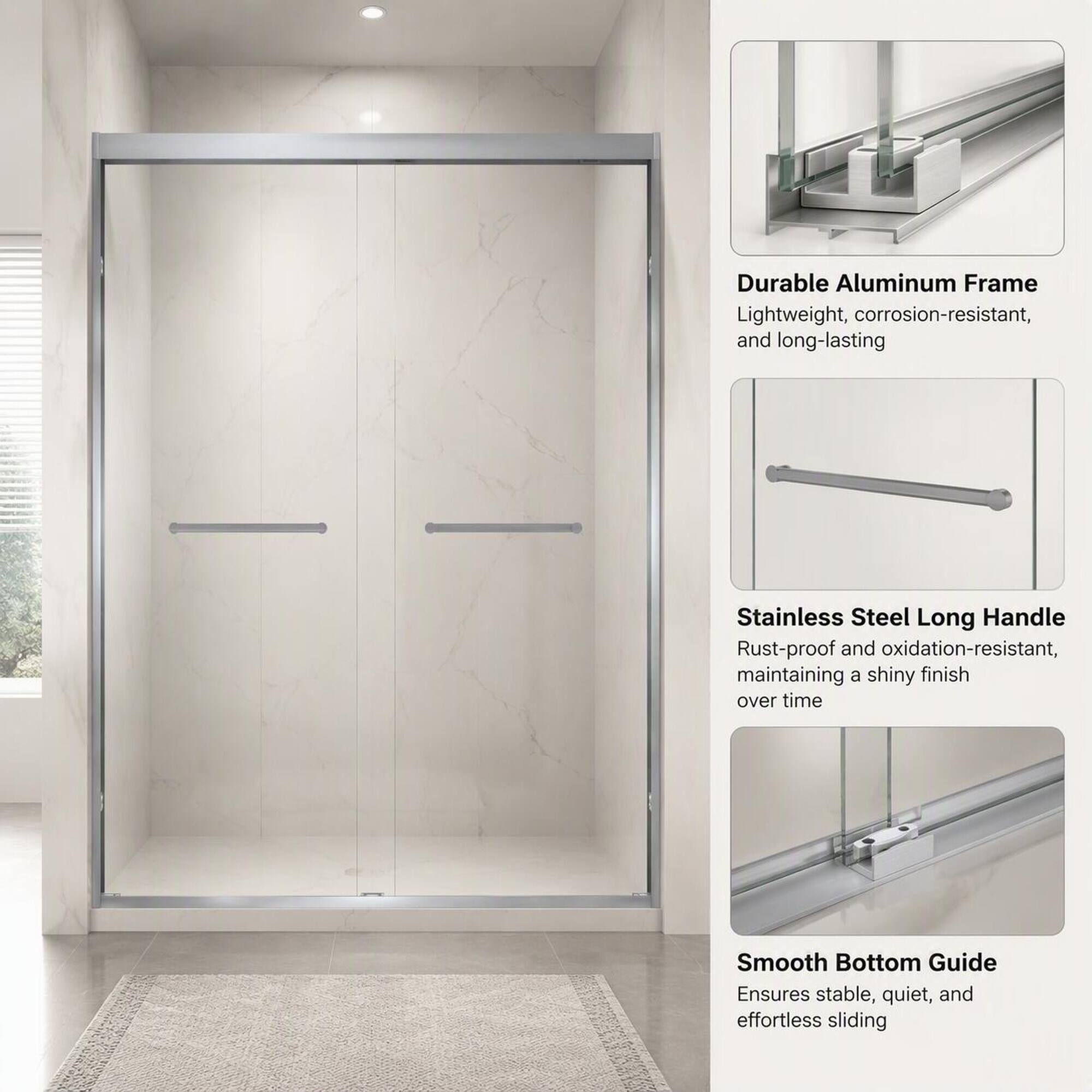 Durable Aluminum Frame: Lightweight, corrosion-resistant, and long-lasting  
Stainless Steel Long Handle: Rust-proof and oxidation-resistant, maintaining a shiny finish over time  
Smooth Bottom Guide: Ensures stable, quiet, and effortless sliding