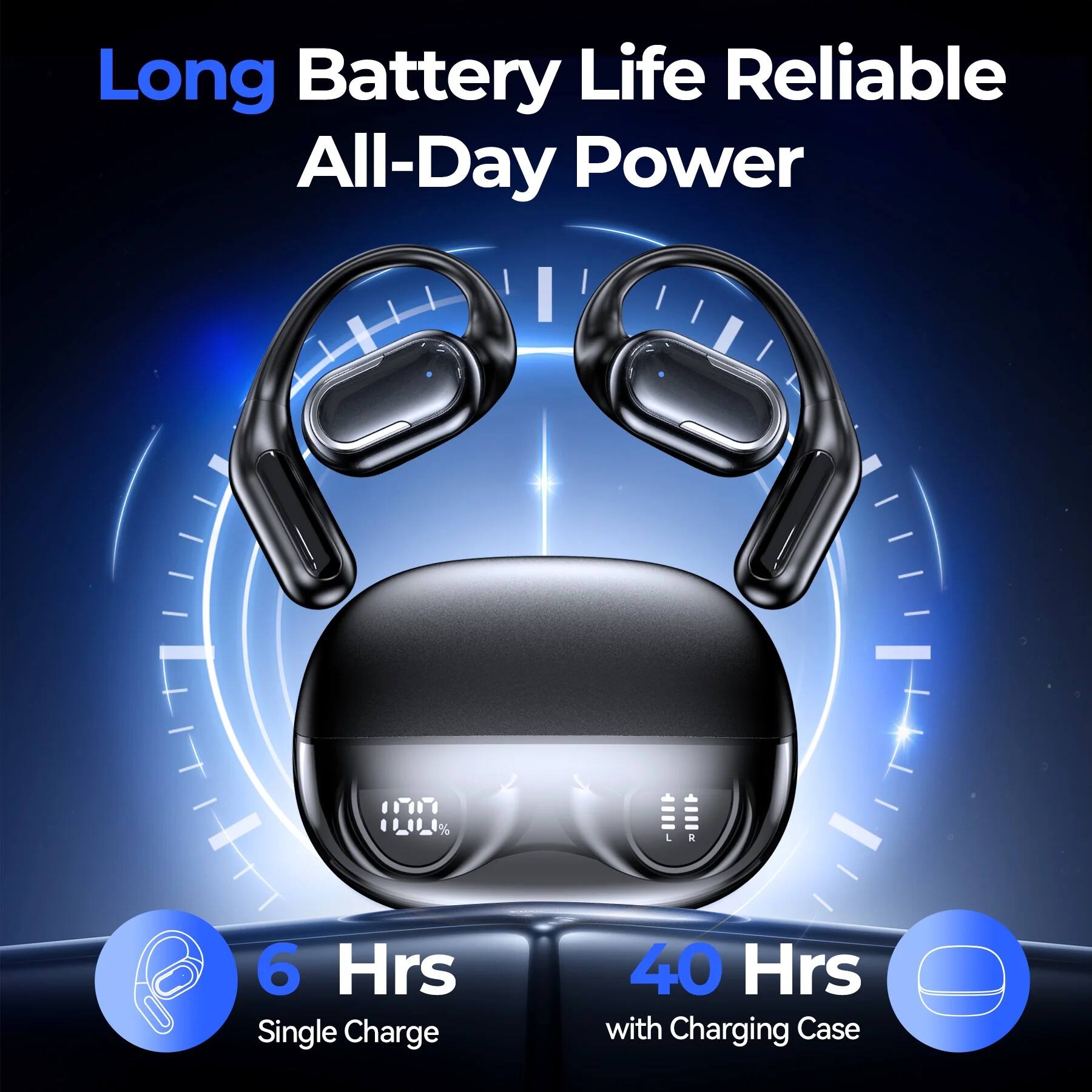 Long Battery Life Reliable All-Day Power  
100%  
6 Hrs Single Charge  
40 Hrs with Charging Case