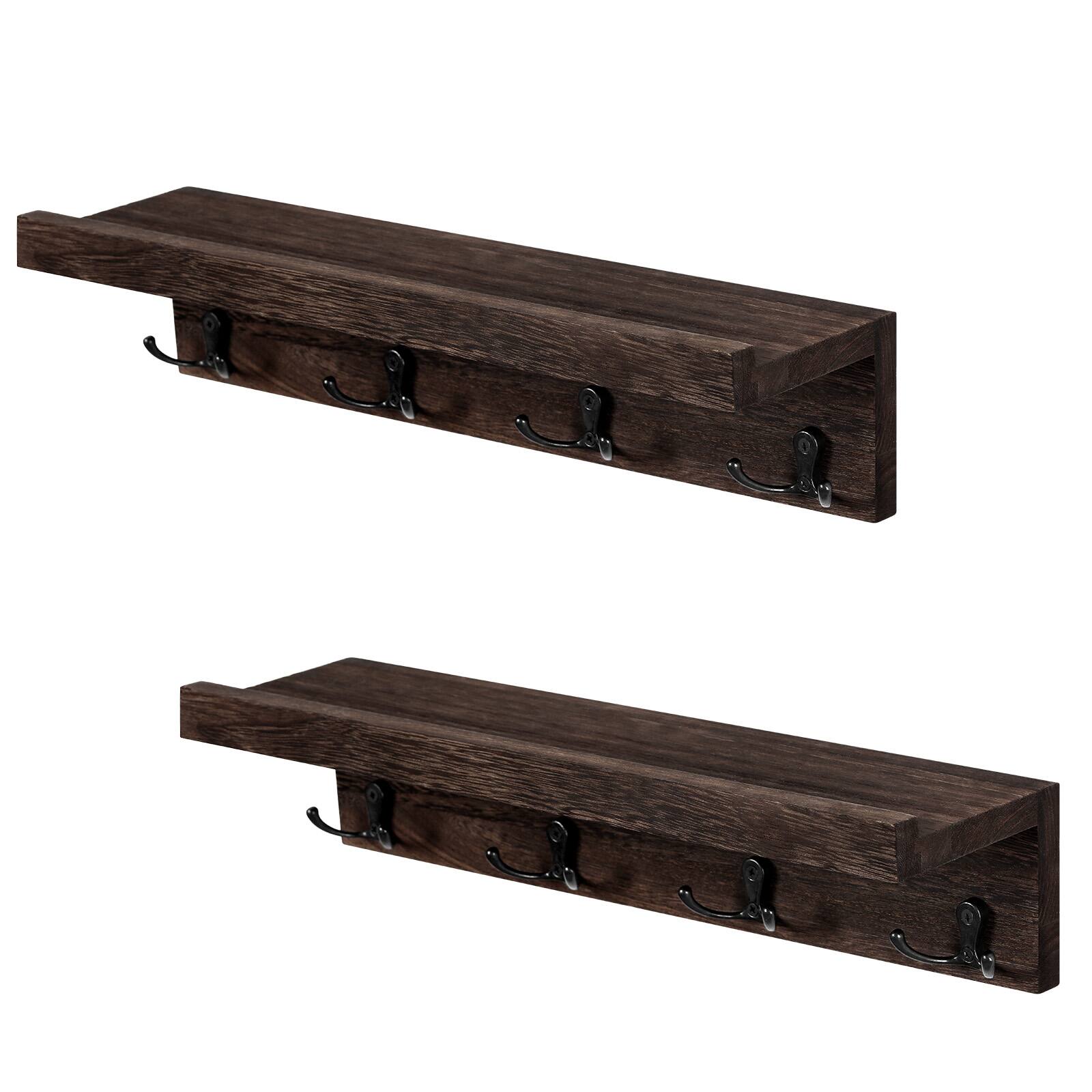 Angle. Oumilen - 2 Pack Dark Coffee Wood Floating Coat Hook Shelf, Wall Mount Entryway Organizer with 4 Black Double Prong Hooks - Brown.