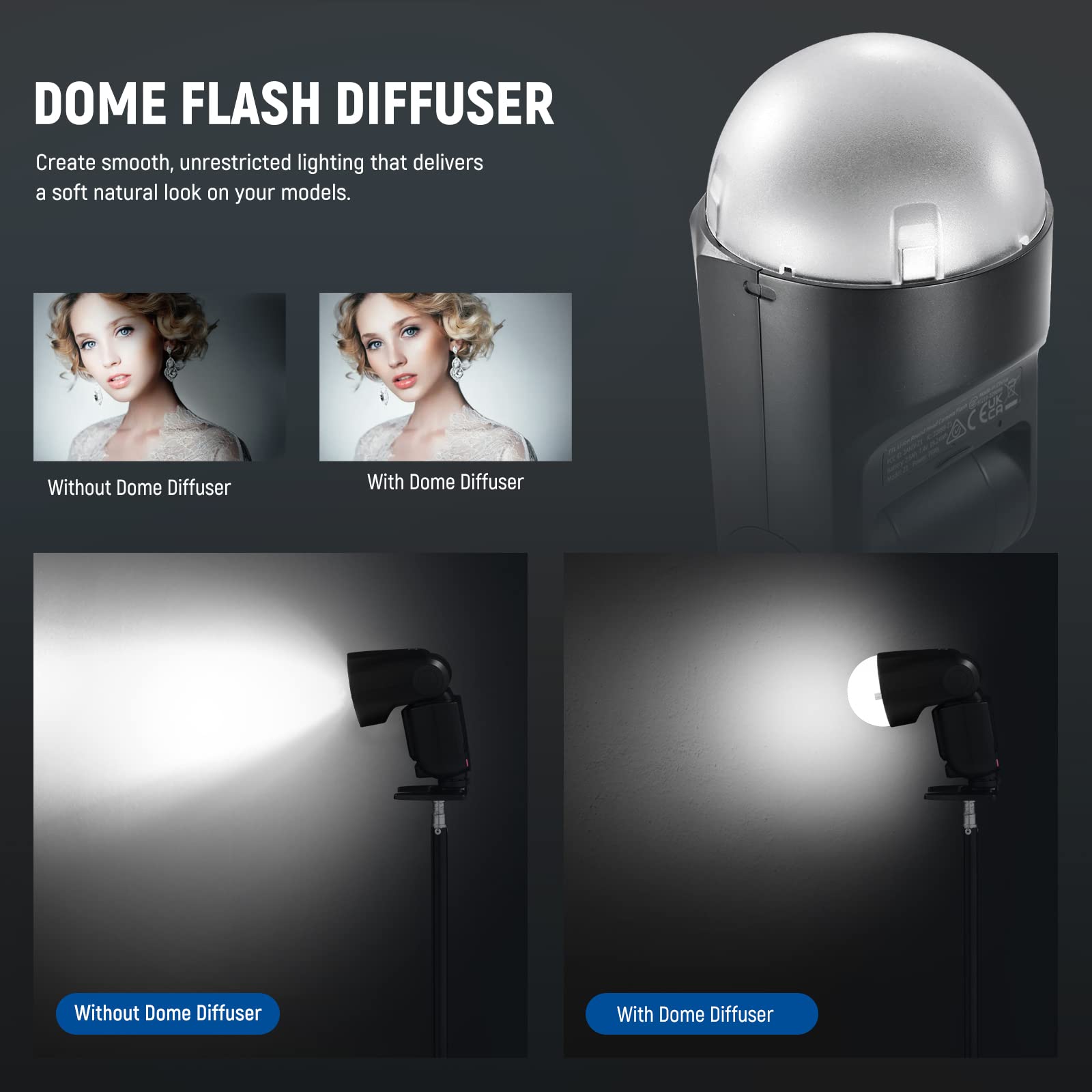 DOME FLASH DIFFUSER

Create smooth, unrestricted lighting that delivers a soft natural look on your models.

Without Dome Diffuser | With Dome Diffuser

Without Dome Diffuser | With Dome Diffuser