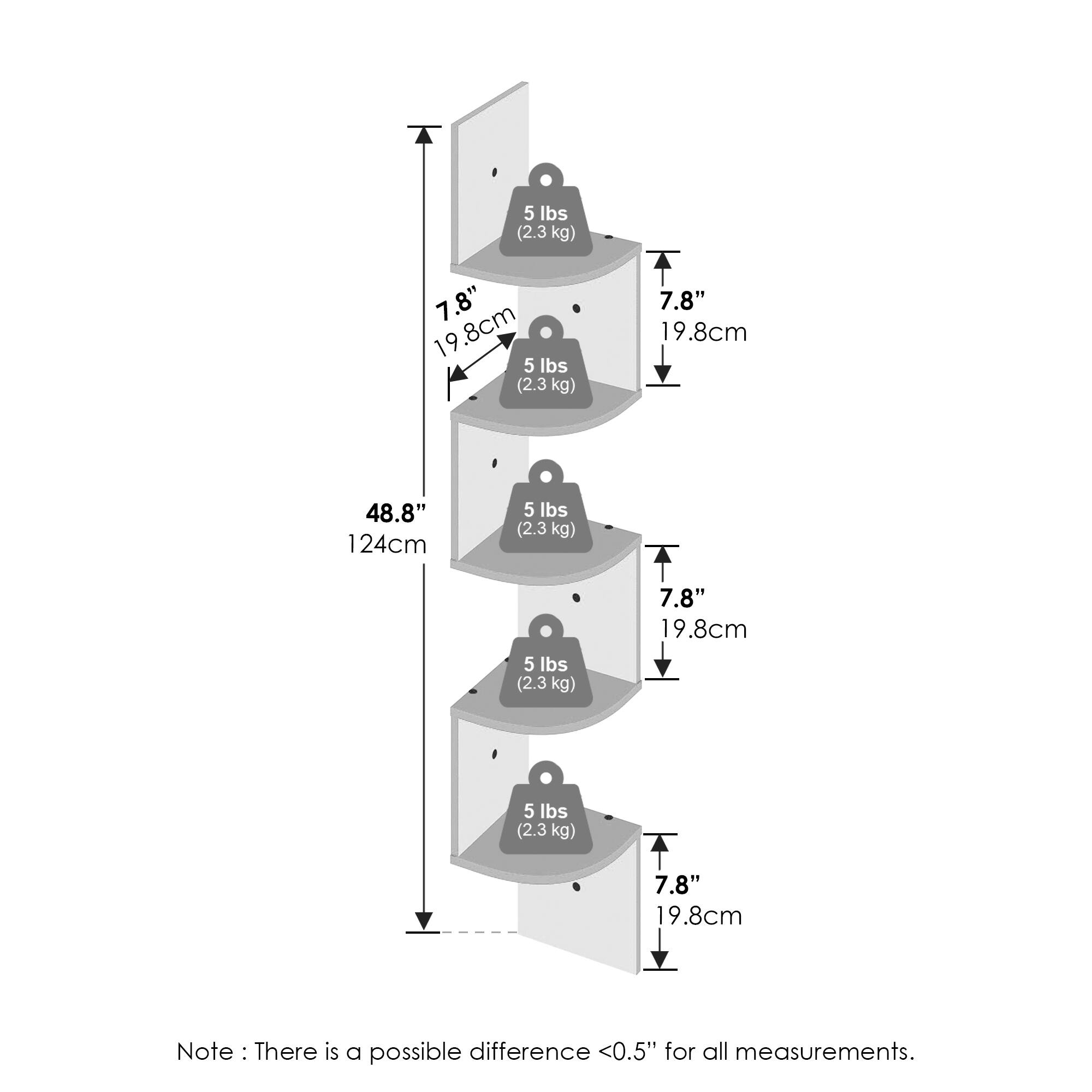 5 lbs (2.3 kg)  
7.8" (19.8 cm)  
48.8" (124 cm)  

Note: There is a possible difference <0.5" for all measurements.