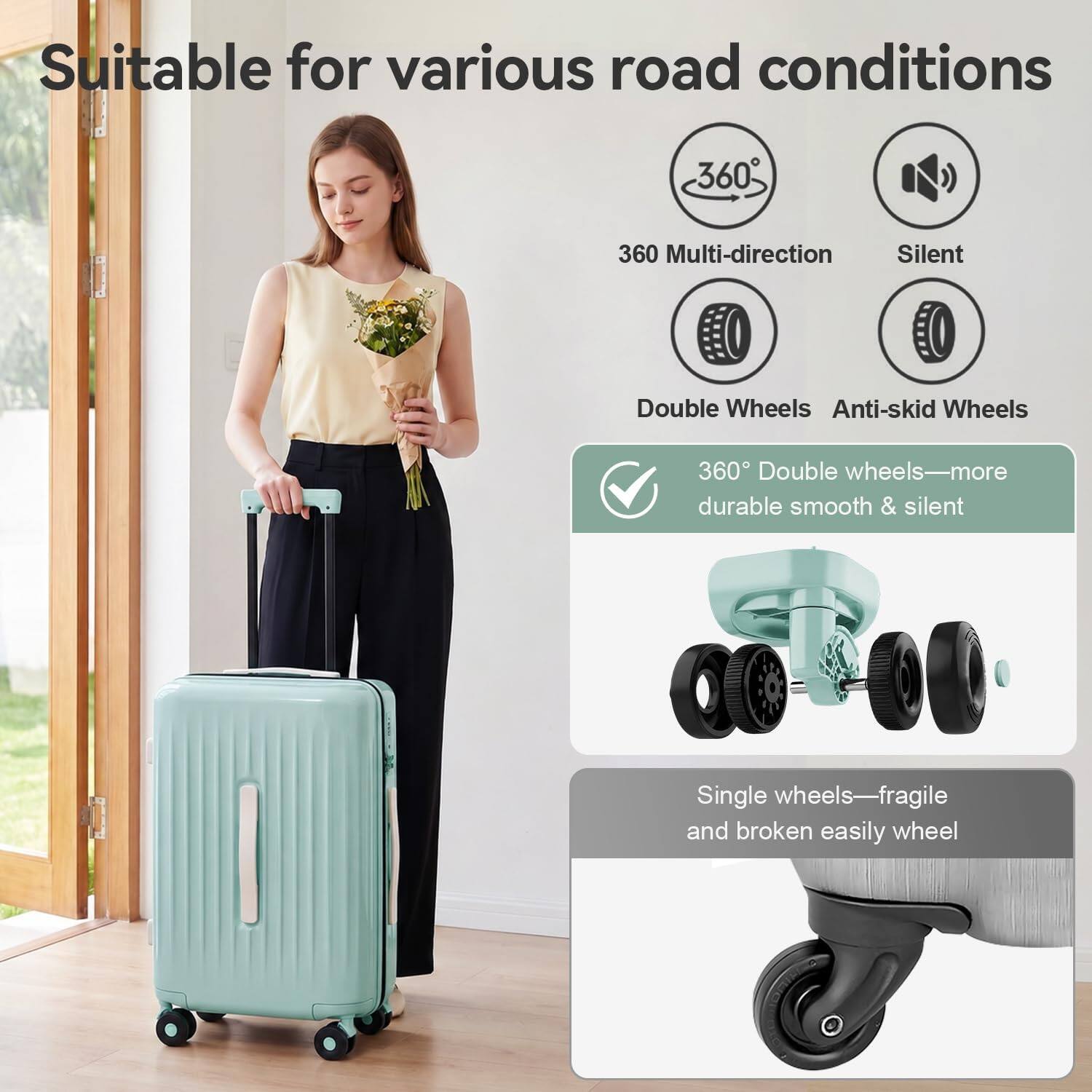 Suitable for various road conditions

360° Multi-direction Silent Double Wheels Anti-skid Wheels

360° Double wheels—more durable, smooth & silent

Single wheels—fragile and broken easily wheel