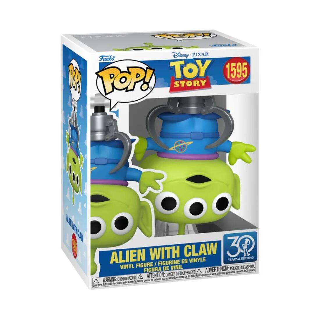 Sure, here is the corrected and grouped text from the image:

---

**Disney PIXAR**  
**TOY STORY**  
**1595**

**Funko**  
**POP!**

**ALIEN WITH CLAW**  
**VINYL FIGURE / FIGURINE EN VINYLE**

**30 YEARS & BEYOND**

**WARNING: CHOKING HAZARD - Small parts. Not for children under 3 years.**  
**ATTENTION: DANGER D'ÉTOUFFEMENT - Petites pièces. Ne convient pas aux enfants de moins de 3 ans.**

**ADVERTENCIA: PELIGRO DE ASFIXIA - Piezas pequeñas. No es adecuado para menores de 3 años.**

---

This text is organized to reflect the information on the packaging accurately.