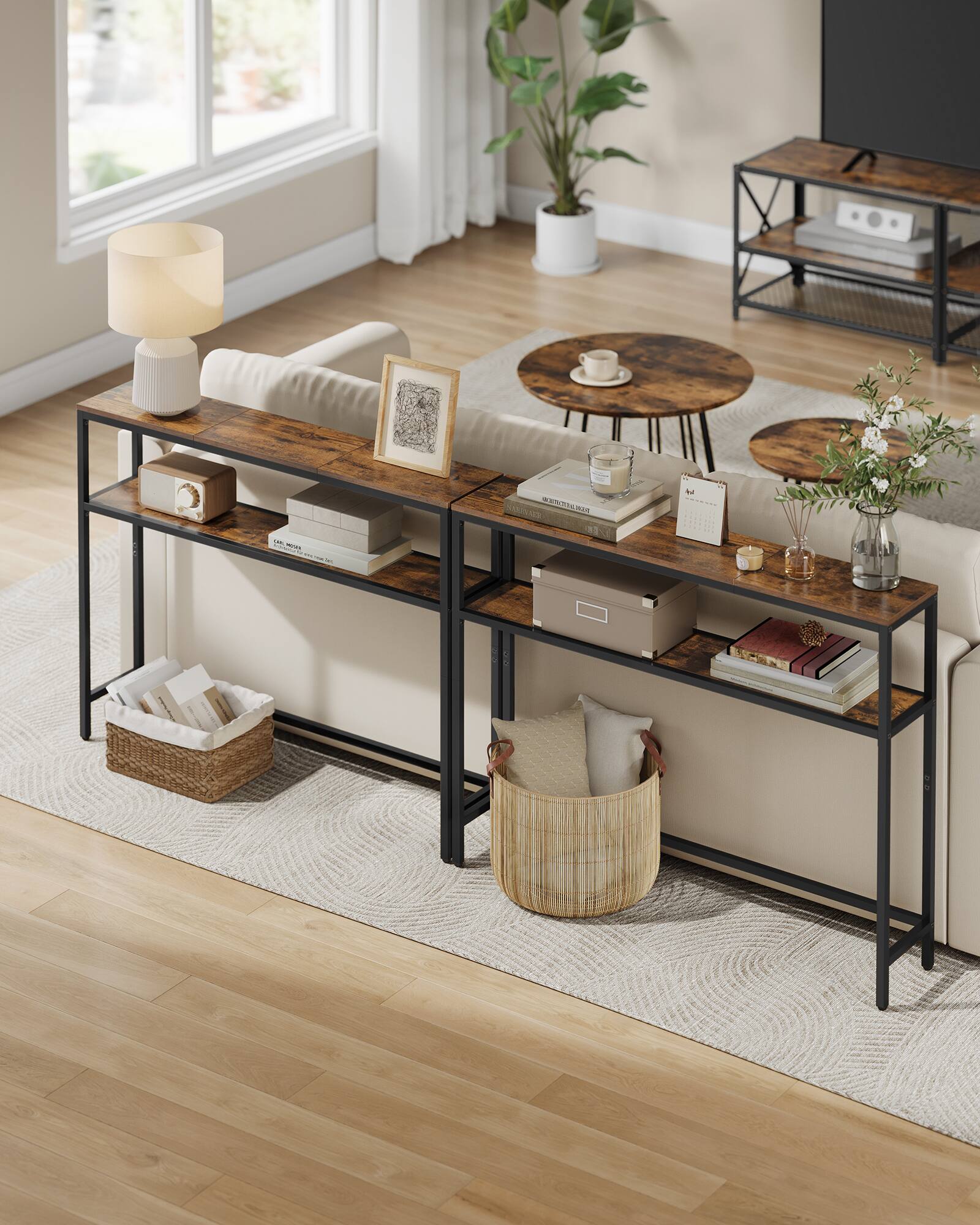 Back. Songmics Home - Console Table, 2-Tier Sofa Table, 7.9 x 39.4 x 31.5 Inches, Narrow Entryway Table, Modern Entry Table with 2 Shelves - Rustic Brown and Ink Black.
