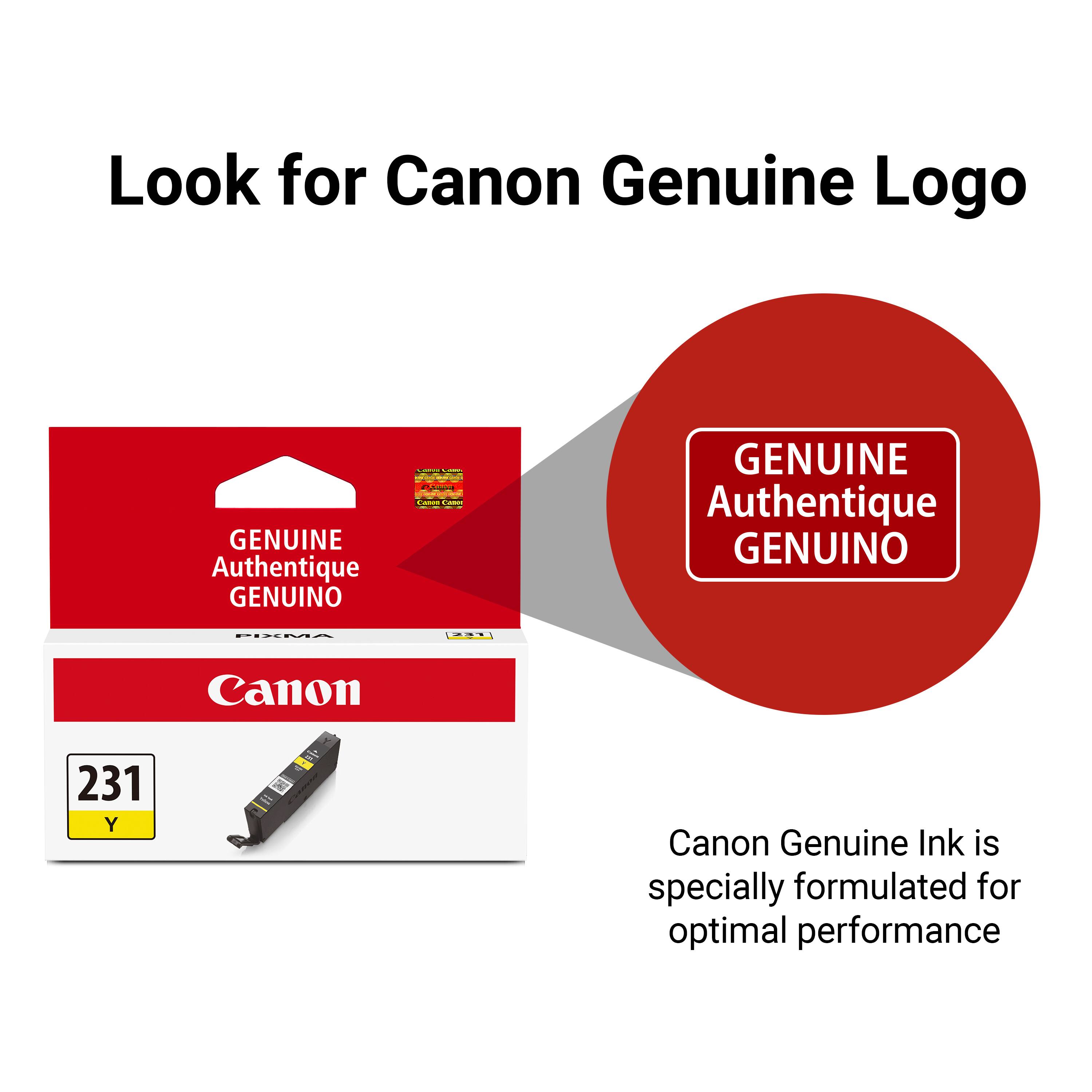 Look for Canon Genuine Logo

GENUINE Authentique GENUINO

CARRITE CHIPPY Callos Canor

GENUINE Authentique GENUINO

PIXMA

2017

Canon

231 Y

Canon Genuine Ink is specially formulated for optimal performance