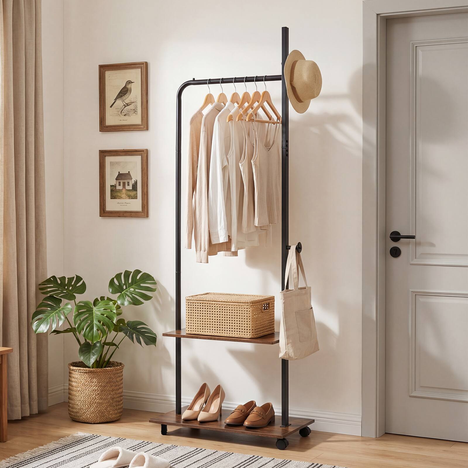 Alt View 1. Costway - Costway Freestanding Clothing Rack with Wheels, Wooden Garment Rack with Hanging Rod - Rustic Brown+ Black.