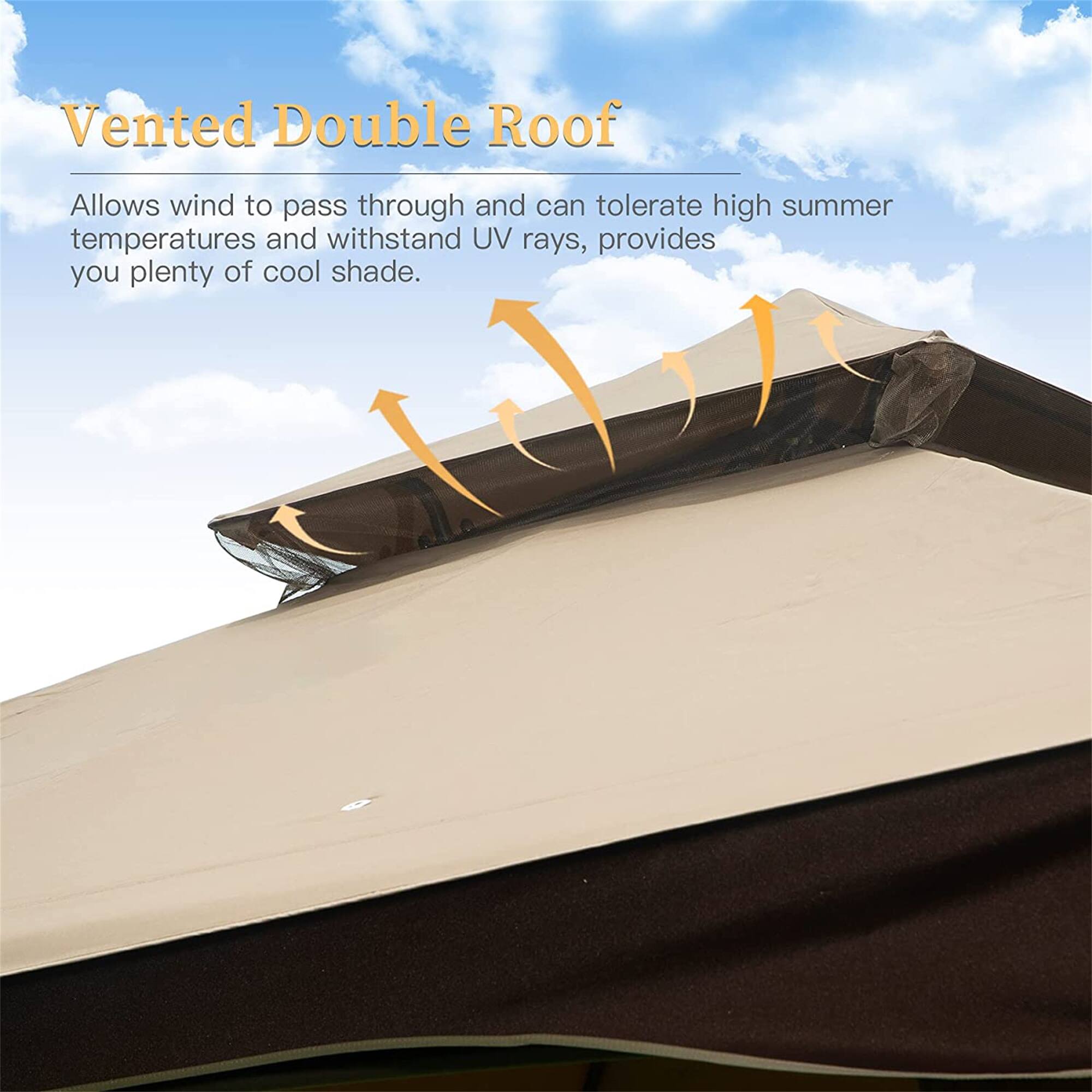 Vented Double Roof

Allows wind to pass through and can tolerate high summer temperatures and withstand UV rays, provides you plenty of cool shade.