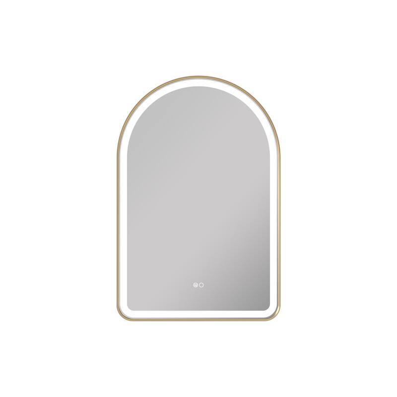 Back. WELLFOR - 24 in x 36 in Arched Framed Bathroom Mirror with LED Light ,Defogger & Memory Function, Wall Mounted Vanity Mirror - Brushed Gold.