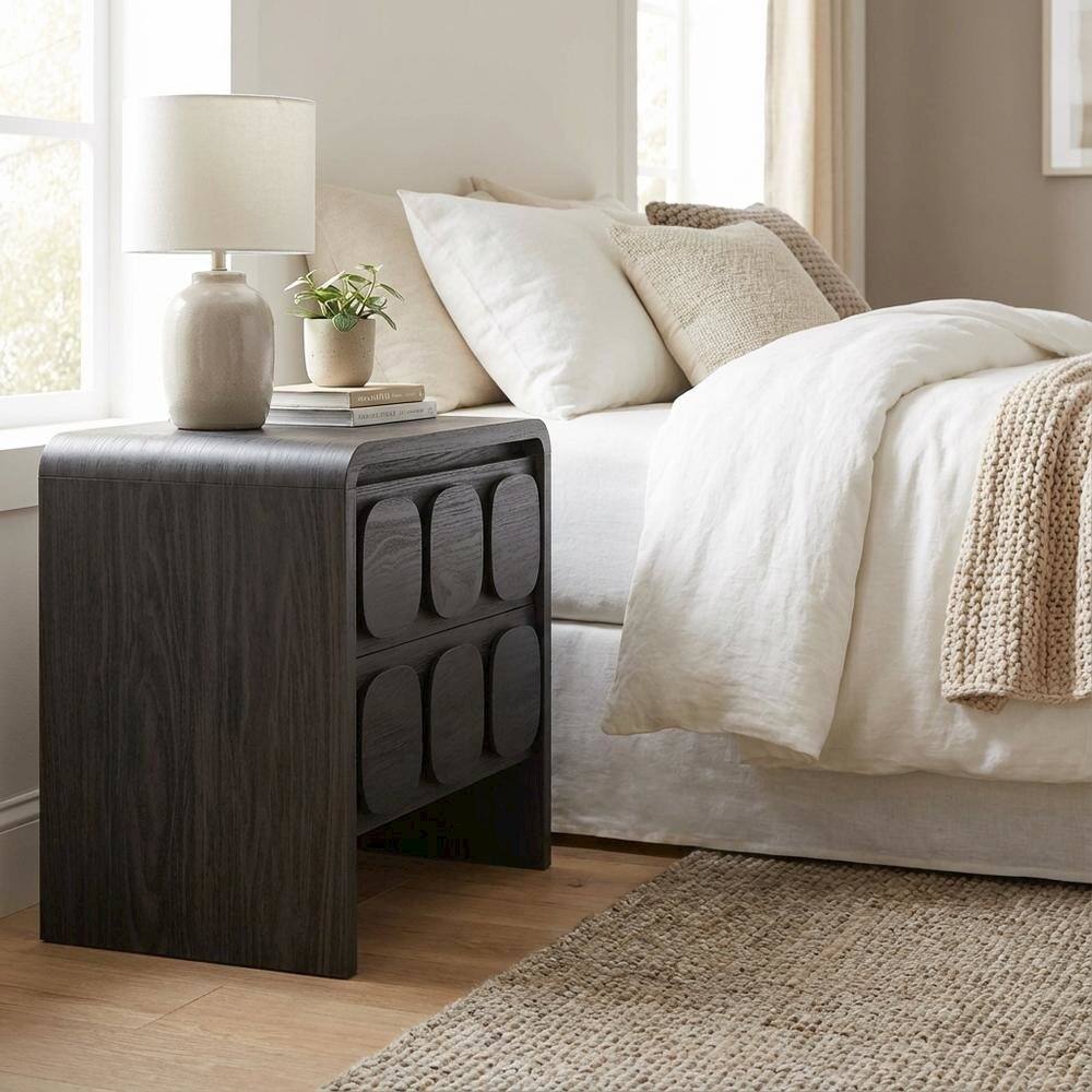 Angle. FurniFact - Black Wooden Nightstand with 2 Drawers and Modern Design - Black.