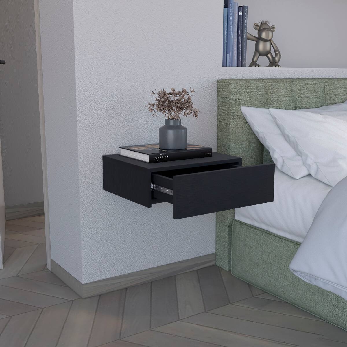 Left. Loheer - Loheer Floating Nightstand, Black Wall-Mounted Bedside Shelf with Drawer - Black.